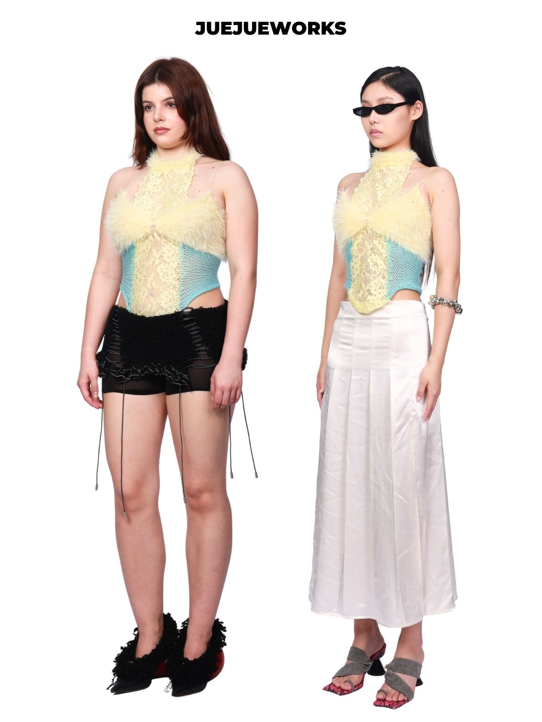 JUEJUEWORKS Yellow Swan Tank Top, Original Fuzzy Spliced Lace Camisole, High Stretch, Adjustable Back