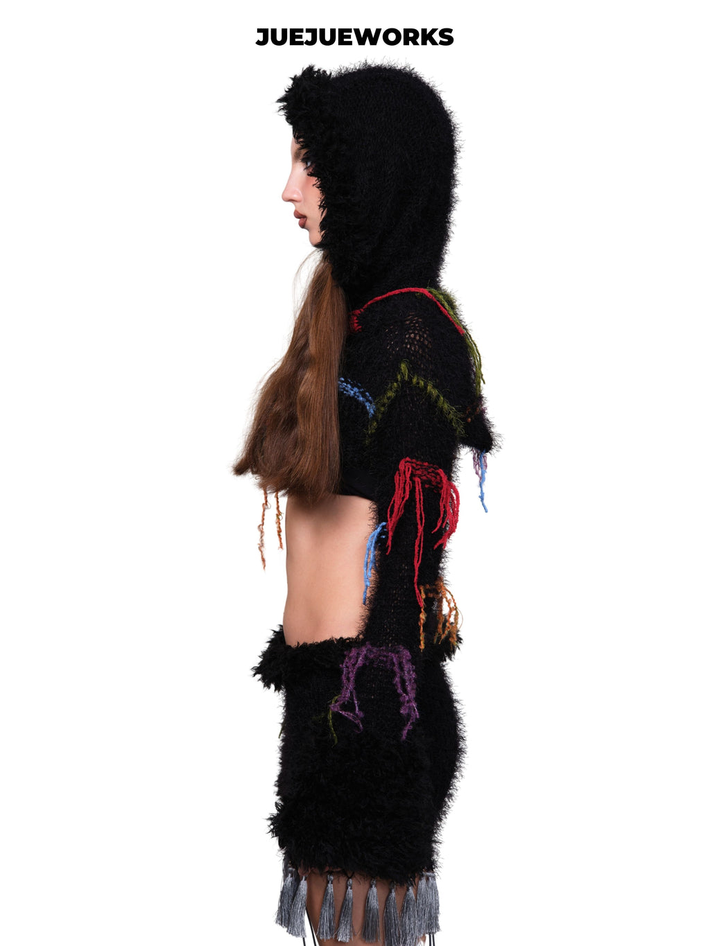 JUEJUEWORKS Fuzzy Hooded Cropped Knit Long Sleeve, Colorful Stitch Tassel Warm Handmade Knit Top