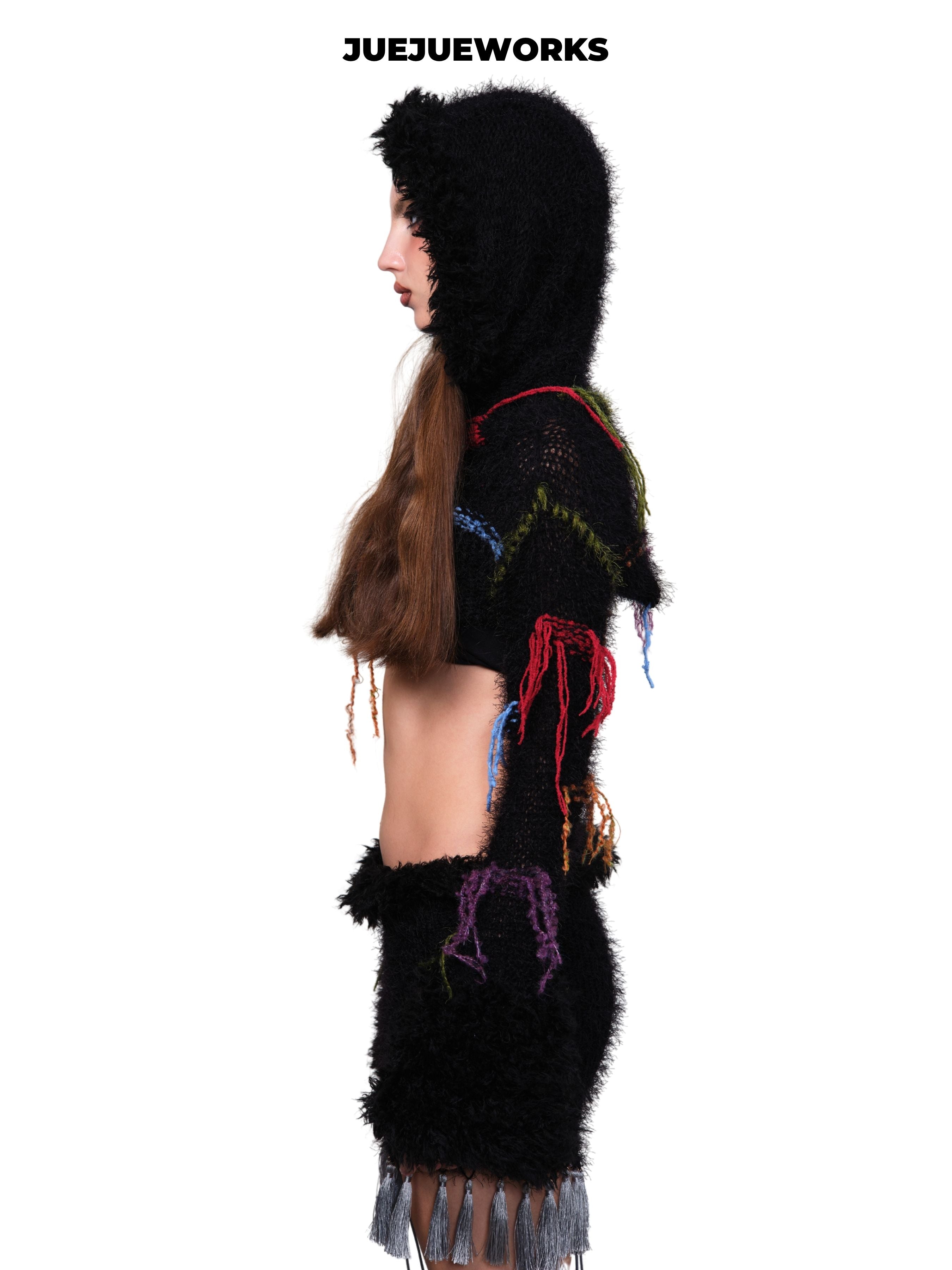 JUEJUEWORKS Fuzzy Hooded Cropped Knit Long Sleeve, Colorful Stitch Tassel Warm Handmade Knit Top
