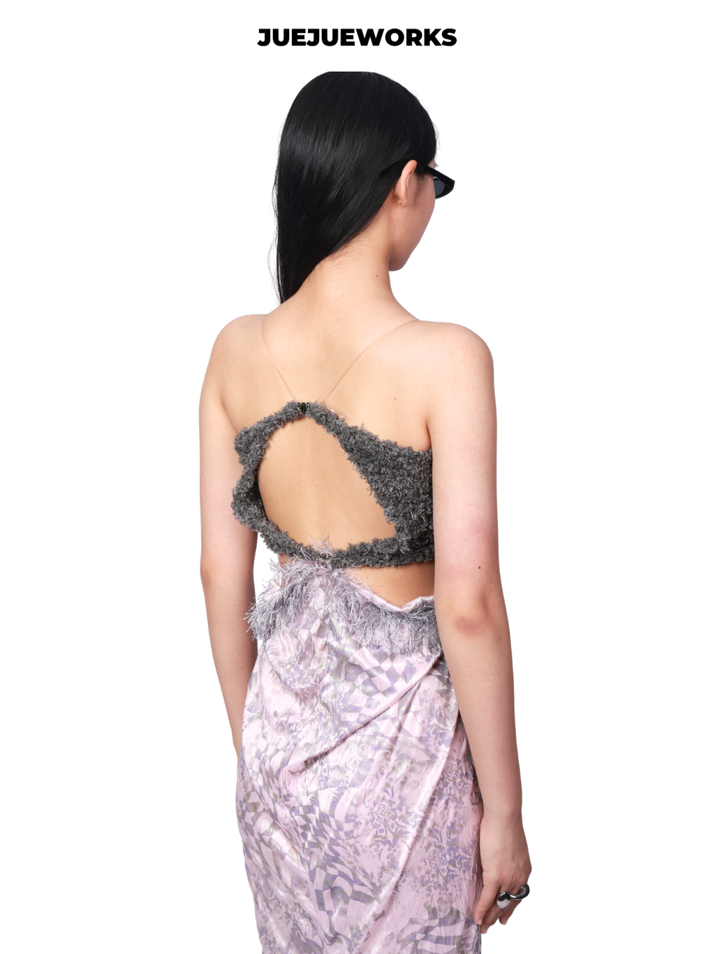 JUEJUEWORKS Pink Grey Spaghetti Strap Maxi Dress, Back Slit, Original Design, Slim Fit Figure-Hugging Dress