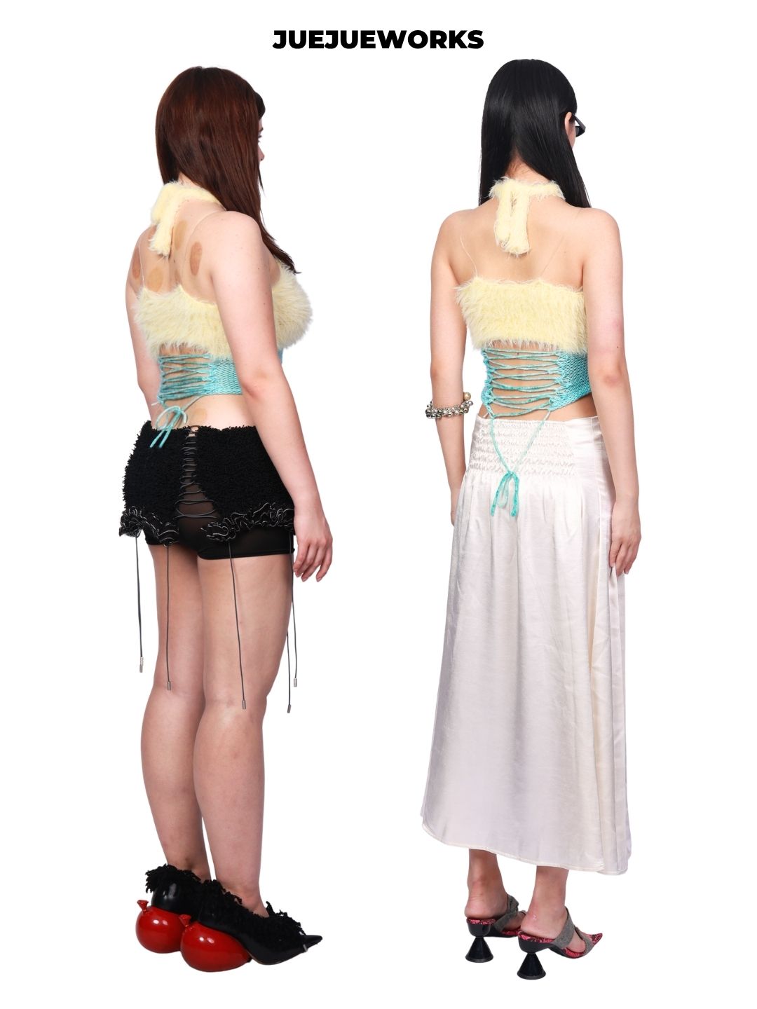 JUEJUEWORKS Yellow Swan Tank Top, Original Fuzzy Spliced Lace Camisole, High Stretch, Adjustable Back