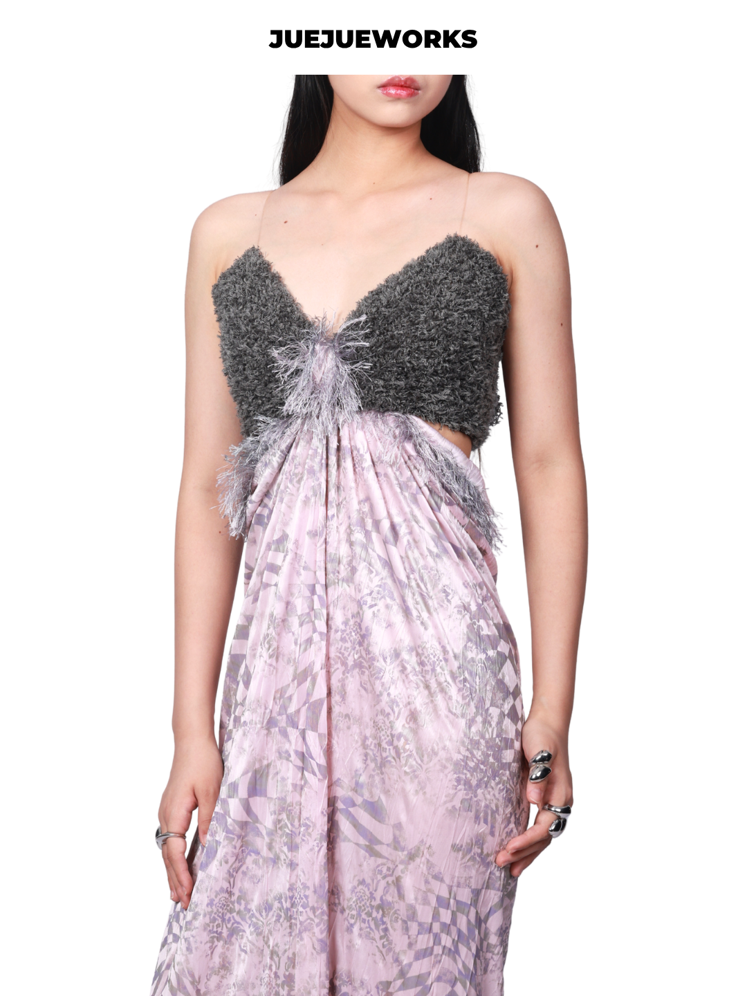 JUEJUEWORKS Pink Grey Spaghetti Strap Maxi Dress, Back Slit, Original Design, Slim Fit Figure-Hugging Dress