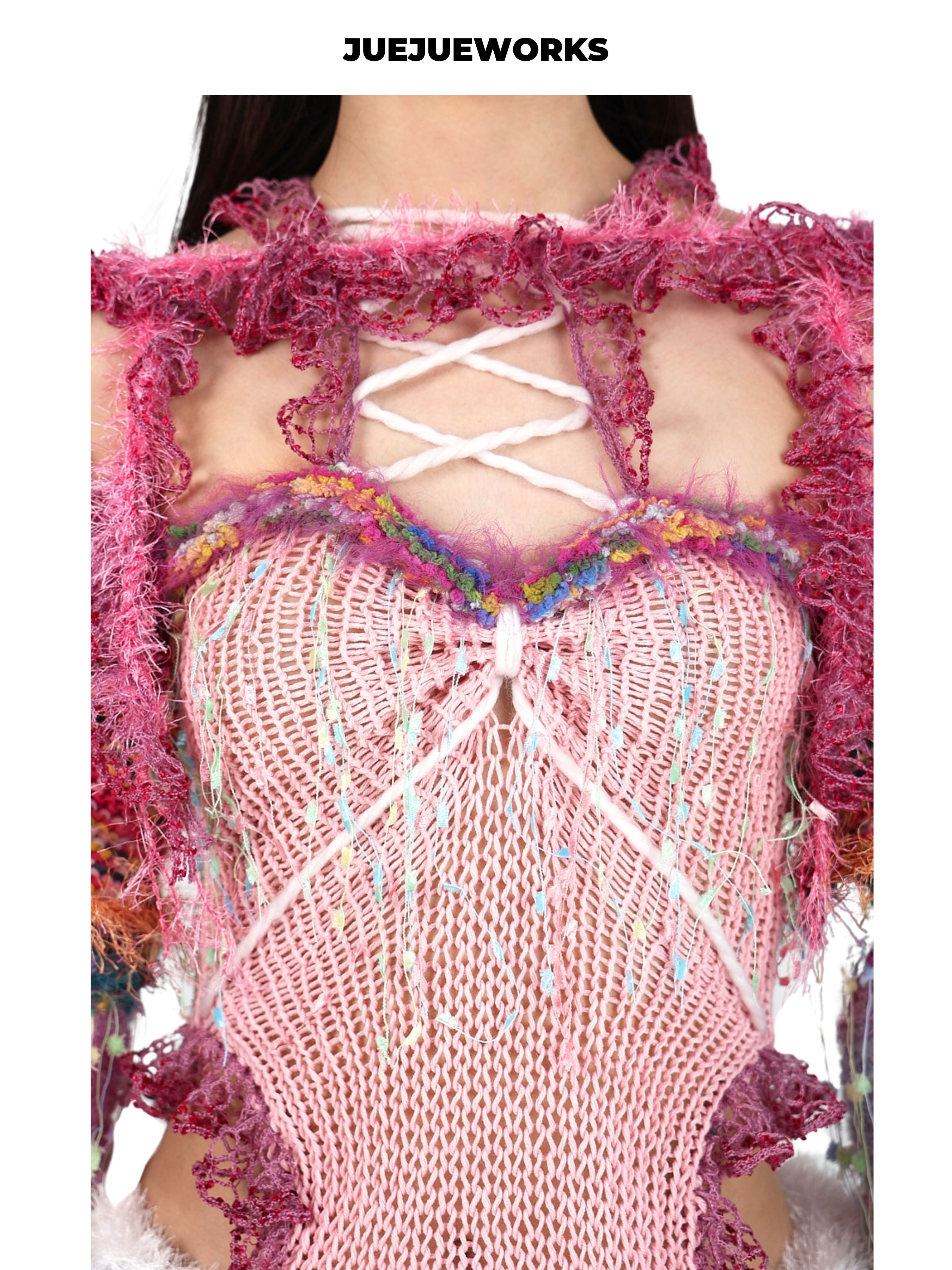 JUEJUEWORKS Pink Fringe Lace Trim Corset Knit Cami, Pastel Hollow Out High Stretch Handmade Yarn Knit Lace Trim Crop Top