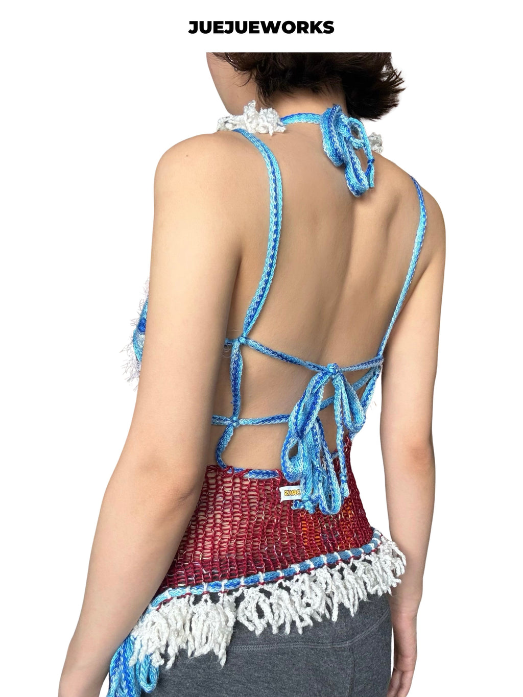 JUEJUEWORKS Red White Sea Salt Knit Halter Top, High Stretch Adjustable Handmade Yarn Knit Cami