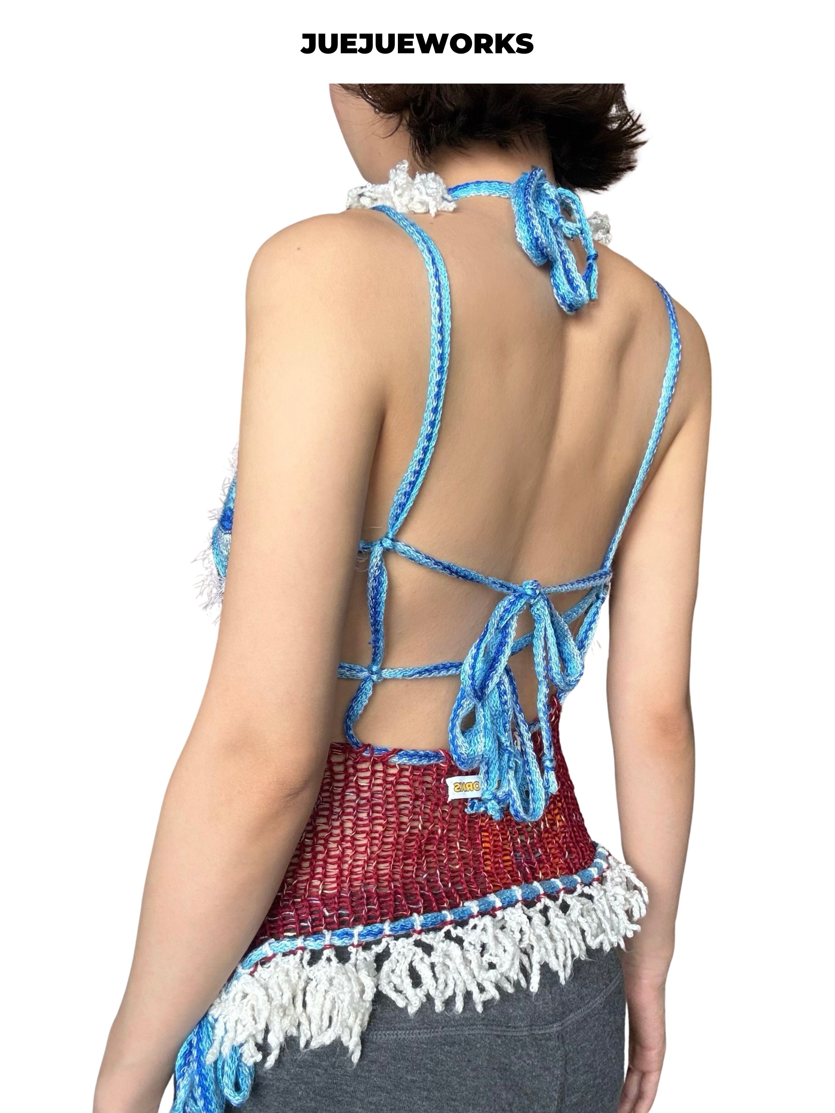 JUEJUEWORKS Red White Sea Salt Knit Halter Top, High Stretch Adjustable Handmade Yarn Knit Cami