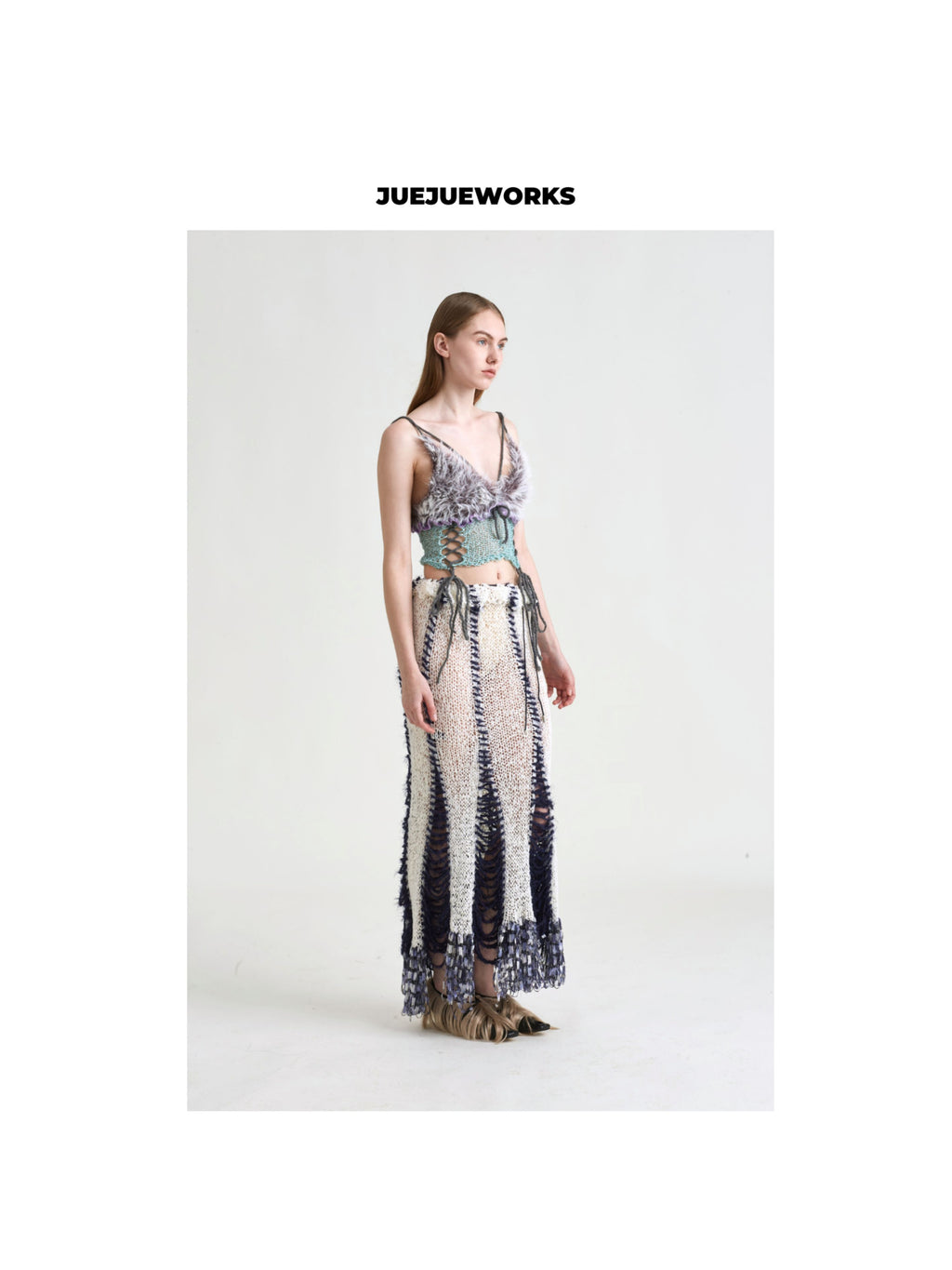 JUEJUEWORKS Convertible Knit White Midi Dress with Detachable Scarf, Patchwork Hollow Out Handmade Knit Multi-Wear Skirt