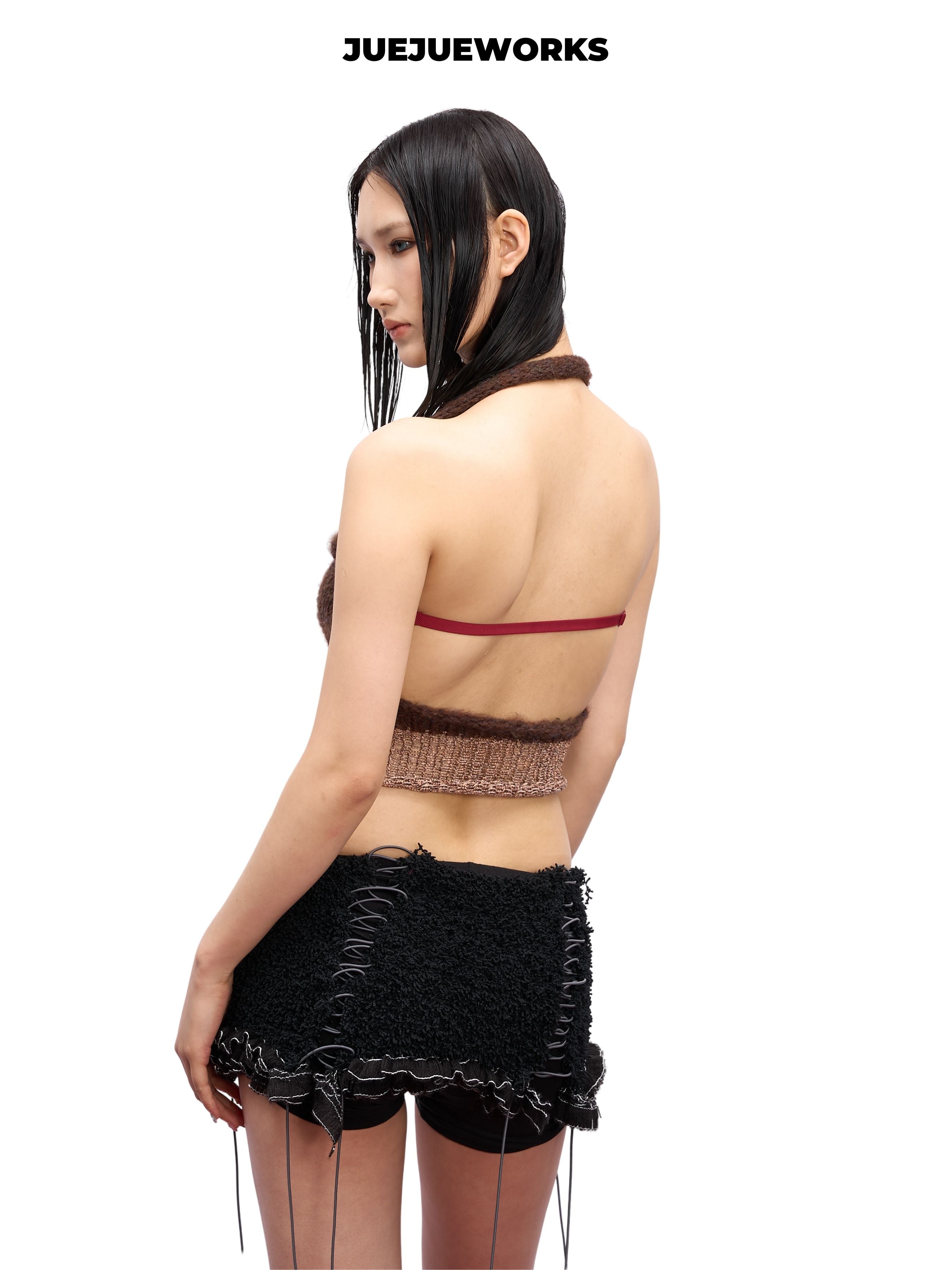 JUEJUEWORKS Coffee Corset Knit Halter Top, Lace-Up High Stretch Adjustable Handmade Yarn Knit Spring Crop Top