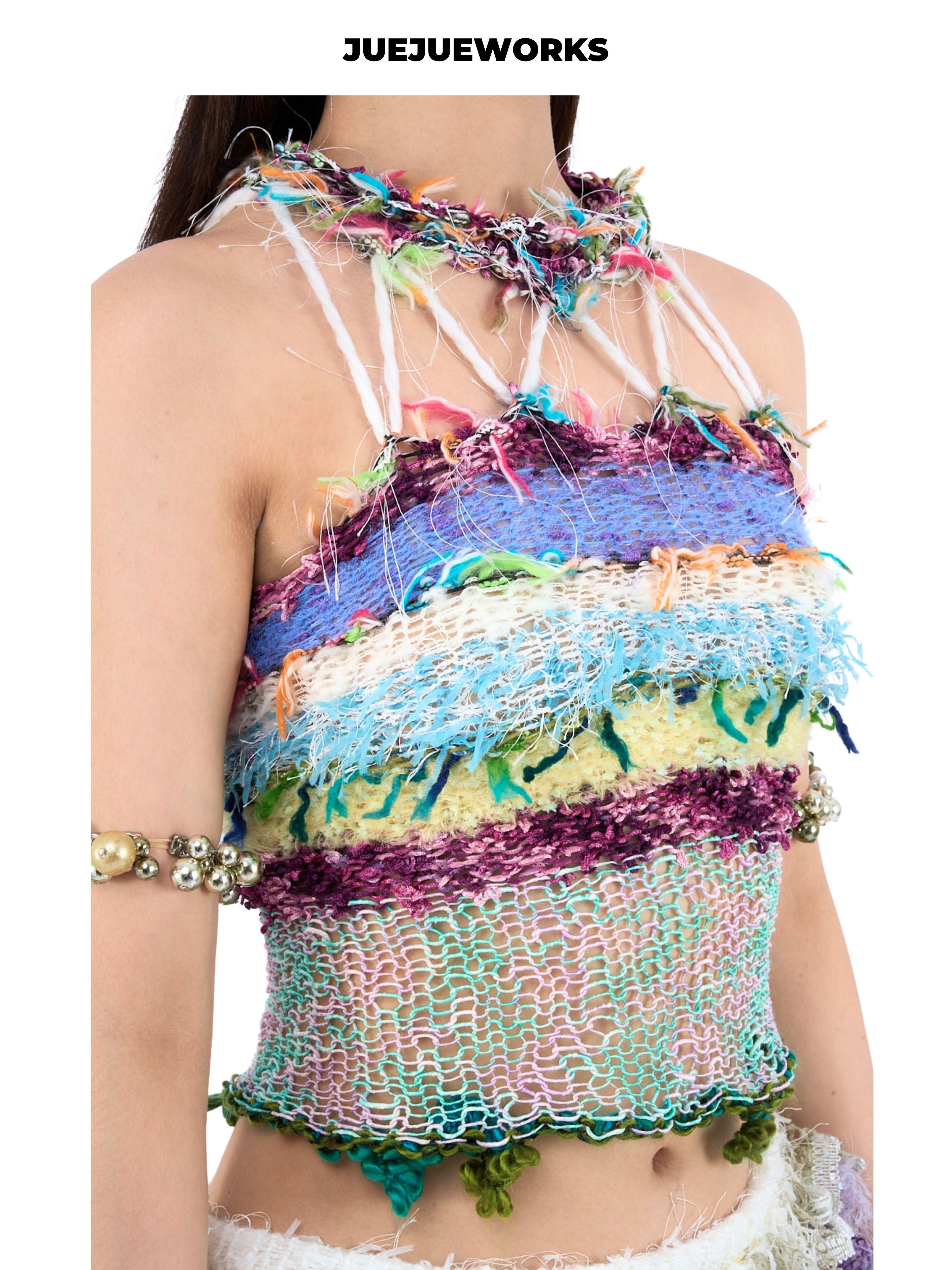 JUEJUEWORKS Multicolor Blue Green Halter Cami, High Stretch Breathable Slim Fit Handmade Yarn Knit