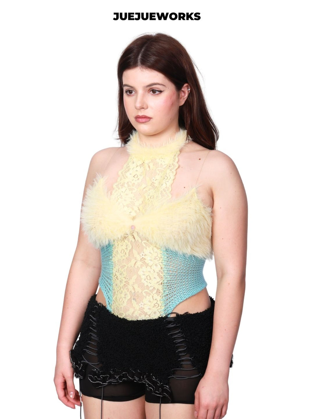 JUEJUEWORKS Yellow Swan Tank Top, Original Fuzzy Spliced Lace Camisole, High Stretch, Adjustable Back