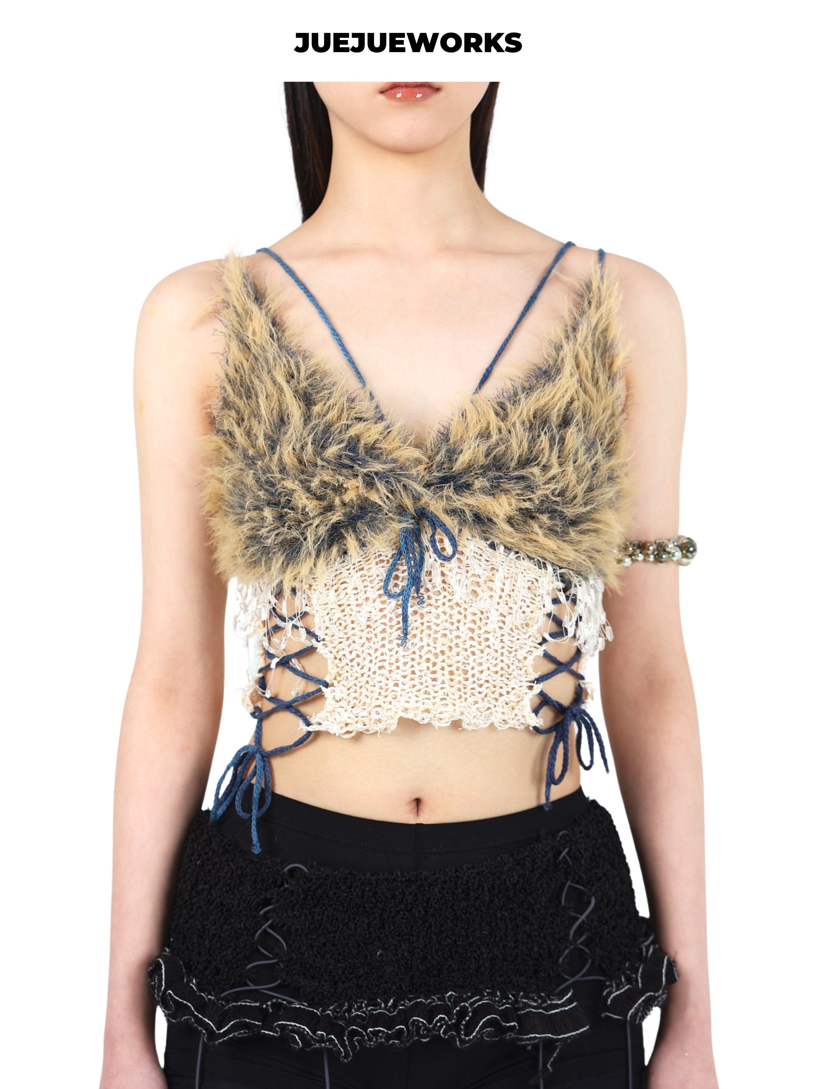 JUEJUEWORKS Blue Camel Color Block Cami, Original High Stretch Handmade Yarn Knit Top