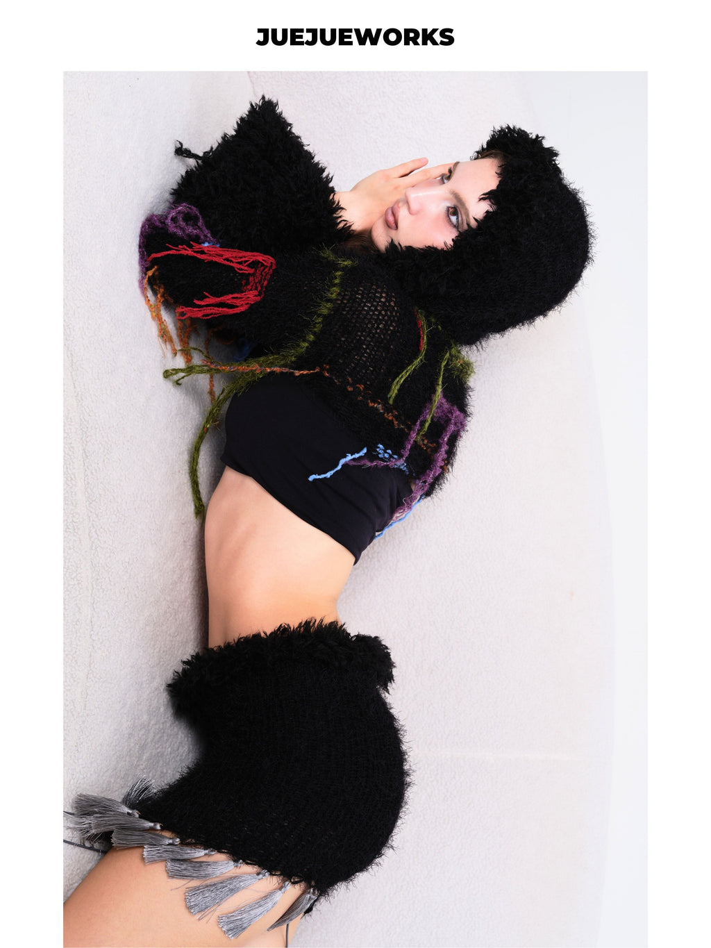 JUEJUEWORKS Fringe Tassel Knit Mini Skirt, Lace-Up Bodycon Slim Fit Handmade Knit Skirt