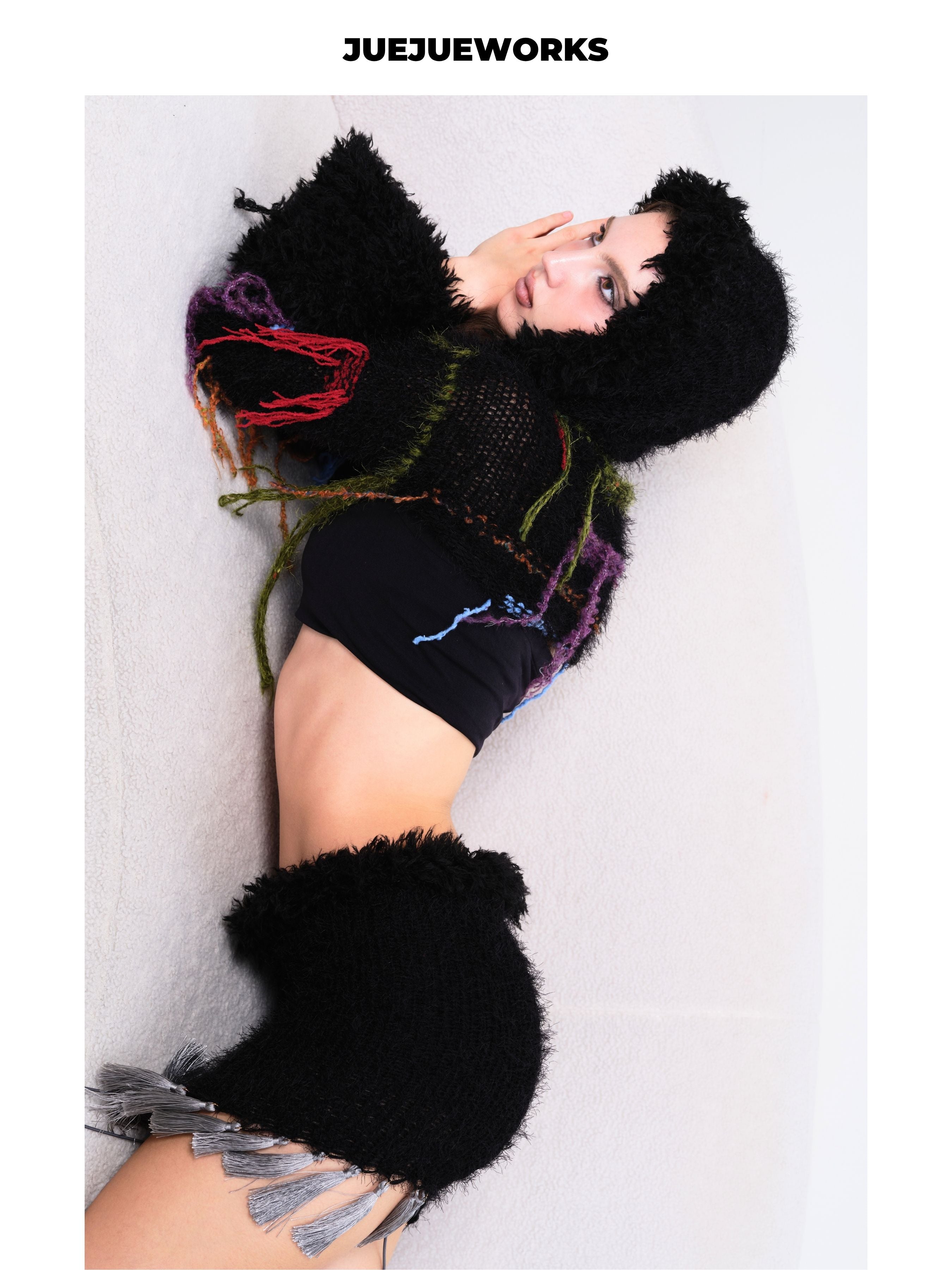 JUEJUEWORKS Fringe Tassel Knit Mini Skirt, Lace-Up Bodycon Slim Fit Handmade Knit Skirt