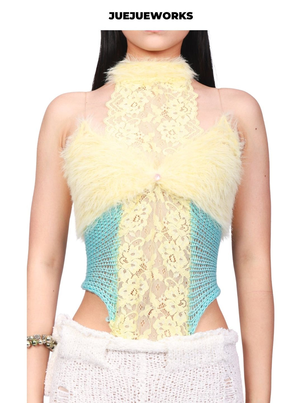 JUEJUEWORKS Yellow Swan Tank Top, Original Fuzzy Spliced Lace Camisole, High Stretch, Adjustable Back
