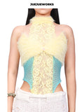 JUEJUEWORKS Yellow Swan Tank Top, Original Fuzzy Spliced Lace Camisole, High Stretch, Adjustable Back