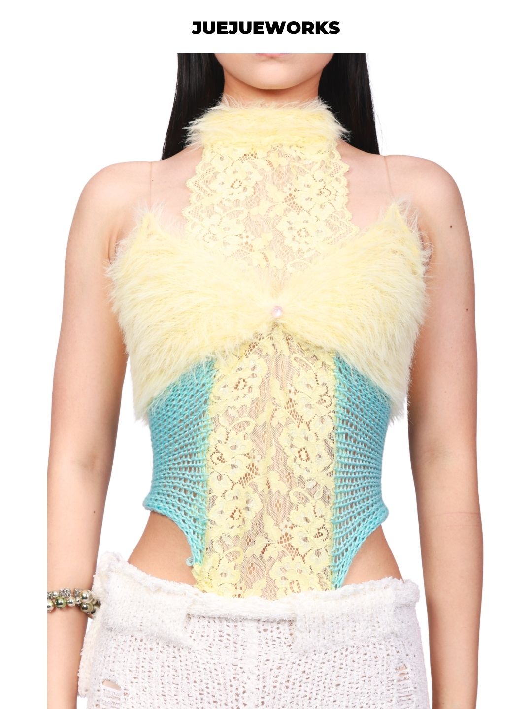 JUEJUEWORKS Yellow Swan Tank Top, Original Fuzzy Spliced Lace Camisole, High Stretch, Adjustable Back
