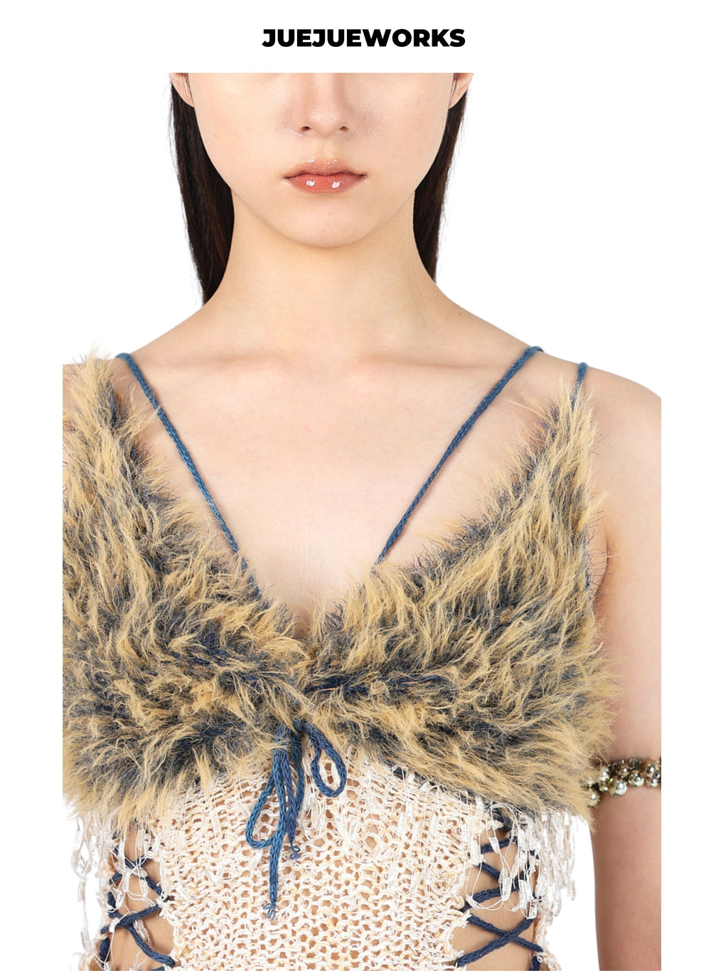 JUEJUEWORKS Blue Camel Color Block Cami, Original High Stretch Handmade Yarn Knit Top
