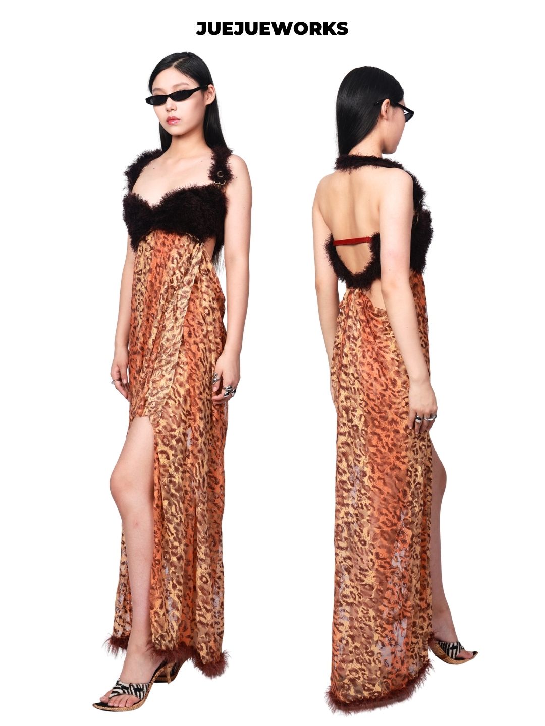 JUEJUEWORKS Black Leopard Print Maxi Dress, Spaghetti Strap Backless Long Dress, Side Slit, Original Summer Design