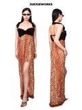 JUEJUEWORKS Black Leopard Print Maxi Dress, Spaghetti Strap Backless Long Dress, Side Slit, Original Summer Design