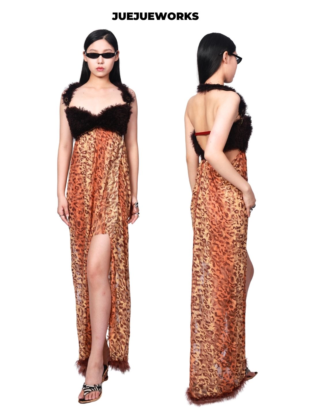JUEJUEWORKS Black Leopard Print Maxi Dress, Spaghetti Strap Backless Long Dress, Side Slit, Original Summer Design