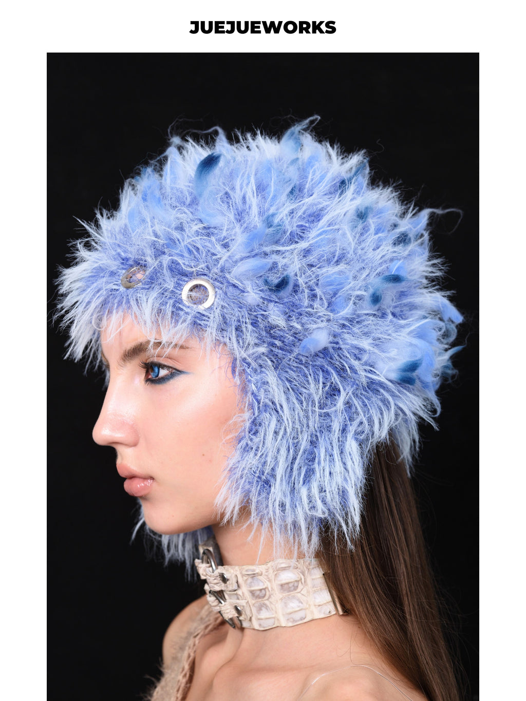 JUEJUEWORKS Blue Fluffy Earflap Hat, Warm Furry Stylish Knit Hat, High-Stretch Handmade Yarn Knit