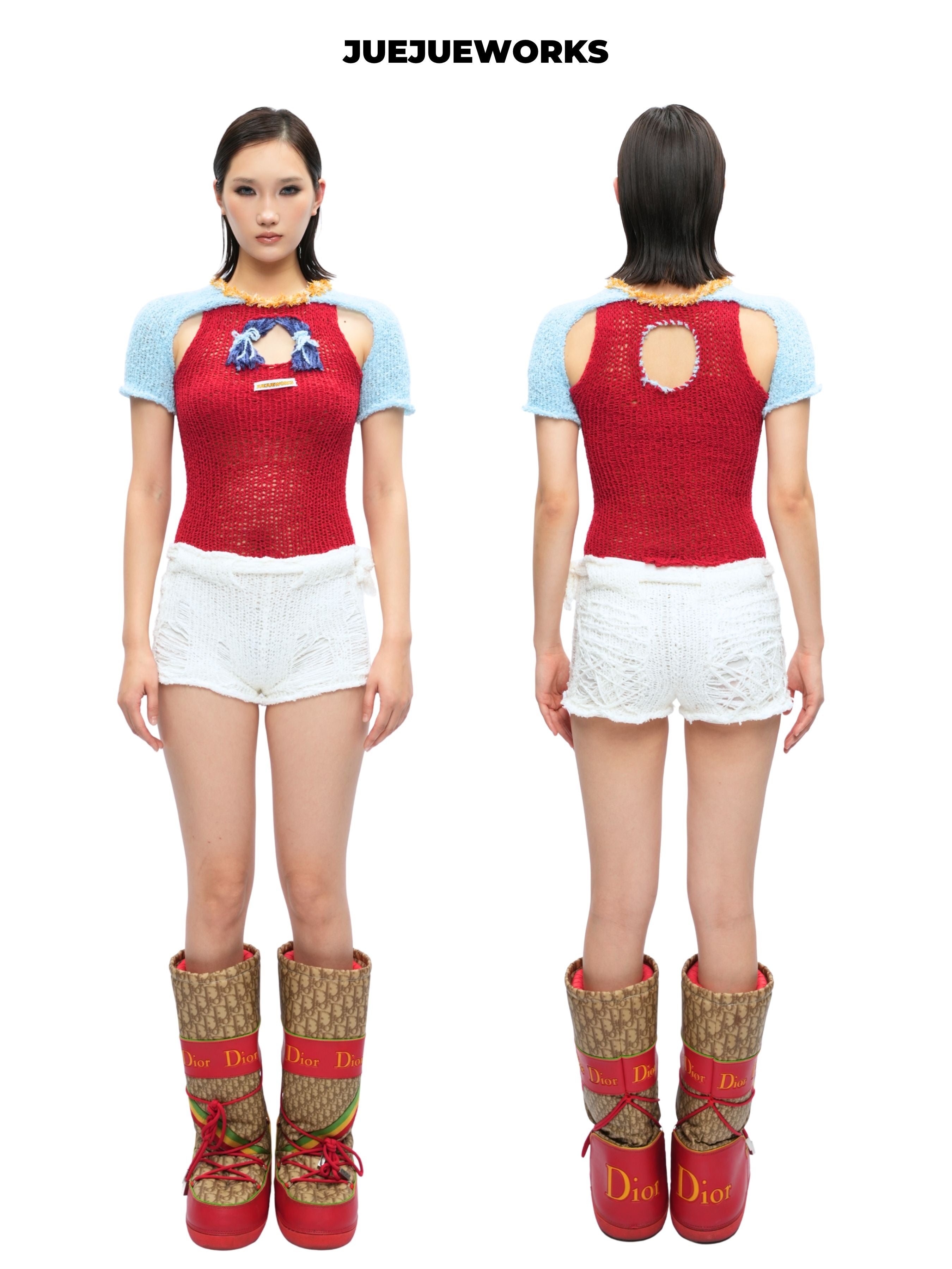 JUEJUEWORKS Christmas Color Block Tie Front Short Sleeve Knit Top, Autumn Winter High Stretch Handmade Yarn Knit