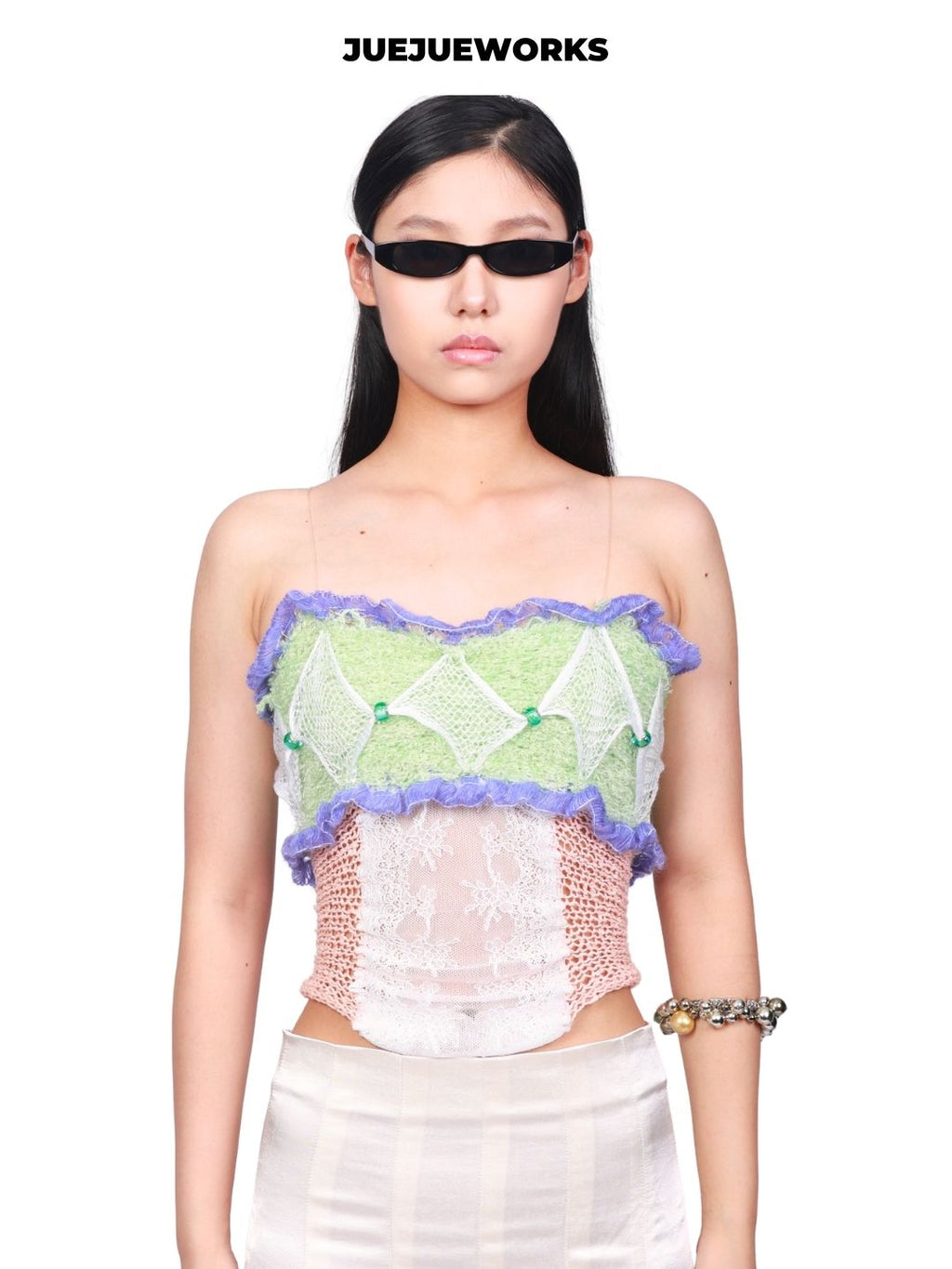 JUEJUEWORKS Little Green Plaid Tank Top, Original Lace Spliced Camisole, High Stretch, Hand-Knitted Knitwear