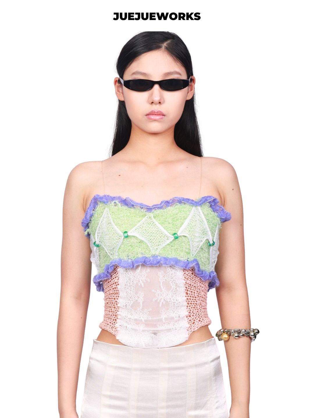 JUEJUEWORKS Little Green Plaid Tank Top, Original Lace Spliced Camisole, High Stretch, Hand-Knitted Knitwear