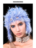 JUEJUEWORKS Blue Fluffy Earflap Hat, Warm Furry Stylish Knit Hat, High-Stretch Handmade Yarn Knit