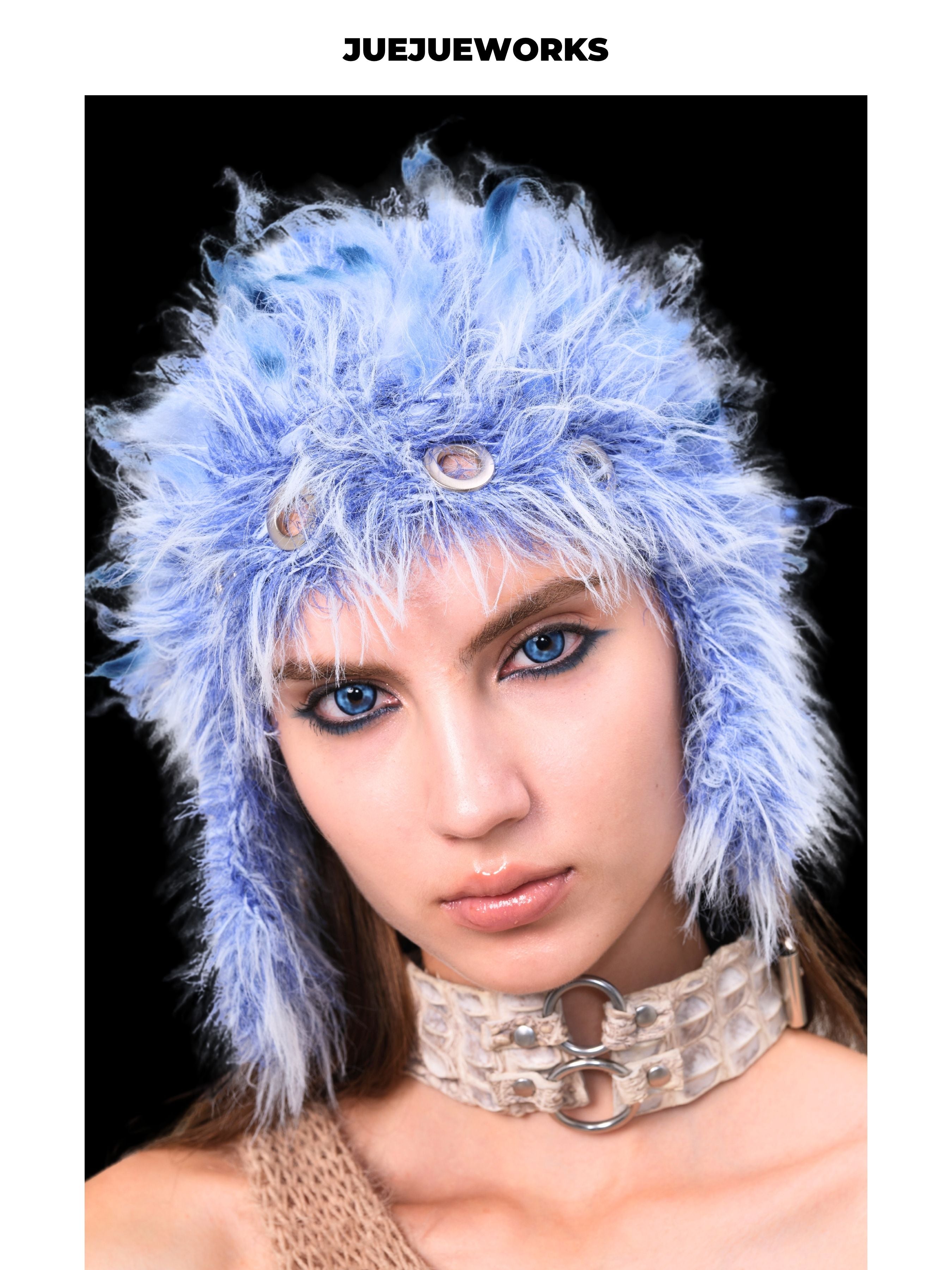 JUEJUEWORKS Blue Fluffy Earflap Hat, Warm Furry Stylish Knit Hat, High-Stretch Handmade Yarn Knit