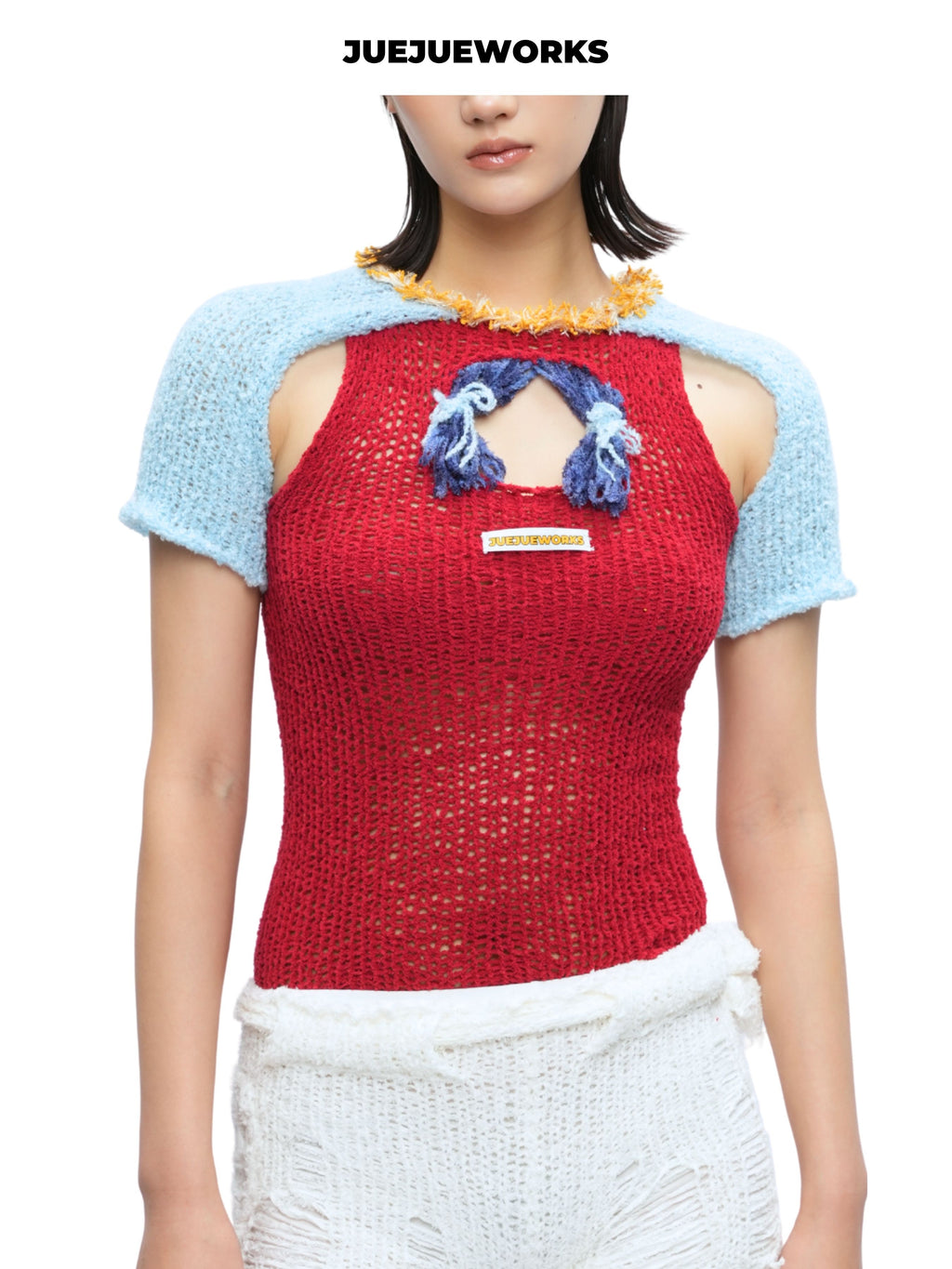 JUEJUEWORKS Christmas Color Block Tie Front Short Sleeve Knit Top, Autumn Winter High Stretch Handmade Yarn Knit