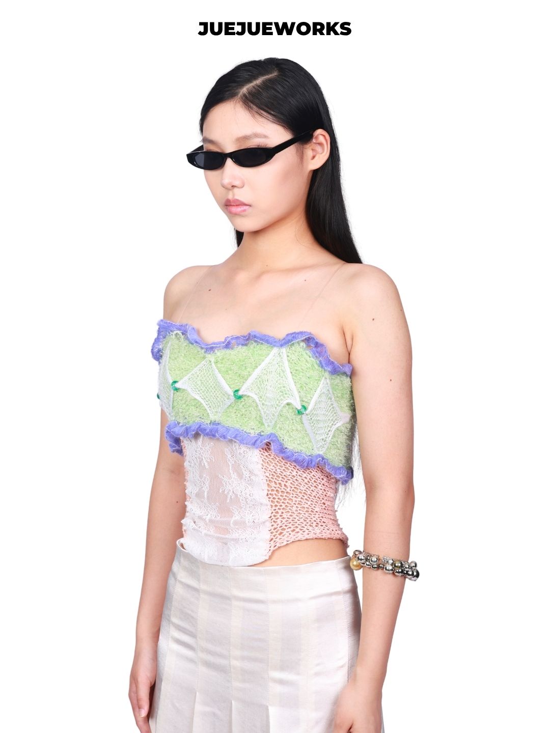 JUEJUEWORKS Little Green Plaid Tank Top, Original Lace Spliced Camisole, High Stretch, Hand-Knitted Knitwear