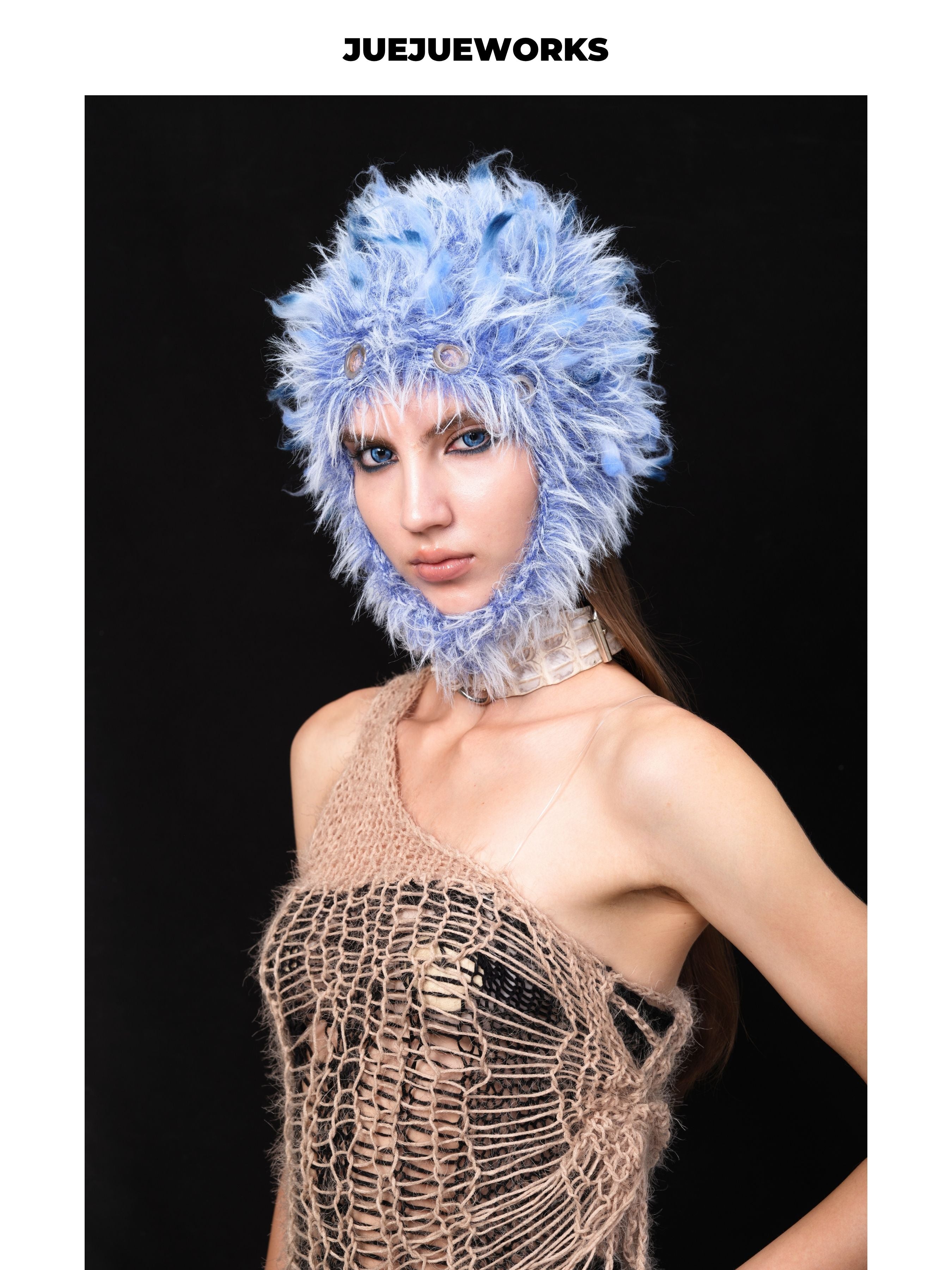 JUEJUEWORKS Blue Fluffy Earflap Hat, Warm Furry Stylish Knit Hat, High-Stretch Handmade Yarn Knit