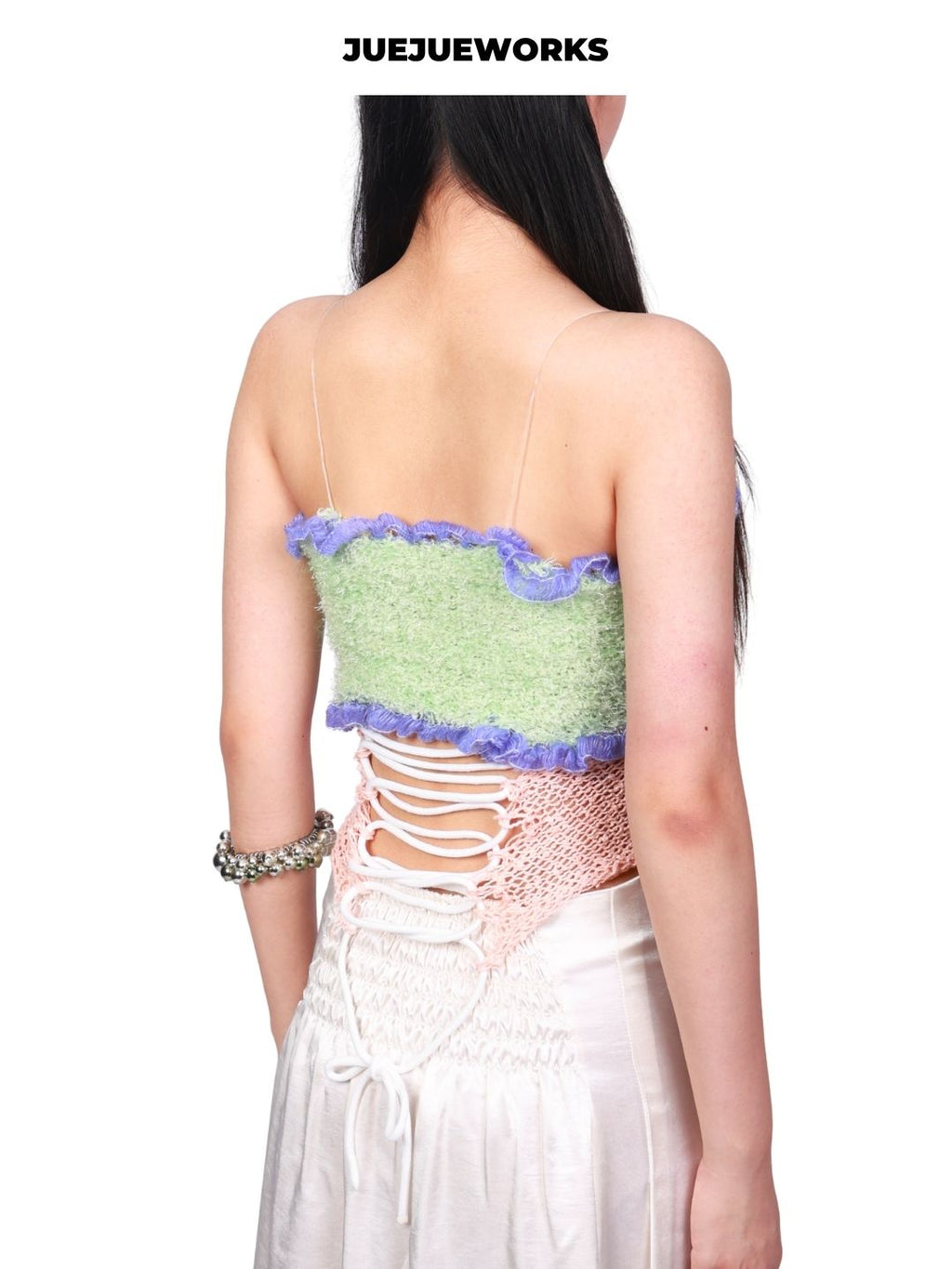 JUEJUEWORKS Little Green Plaid Tank Top, Original Lace Spliced Camisole, High Stretch, Hand-Knitted Knitwear