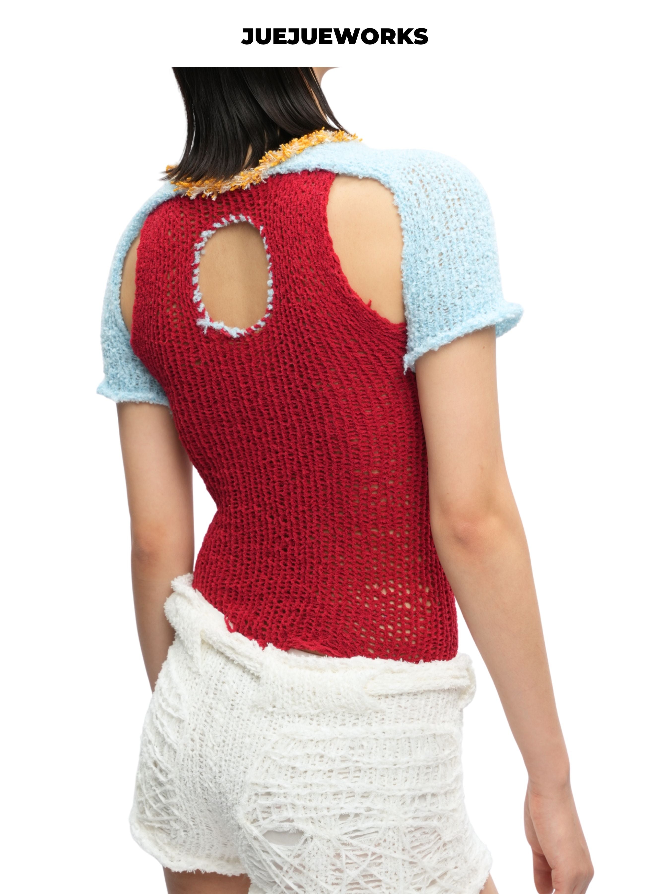 JUEJUEWORKS Christmas Color Block Tie Front Short Sleeve Knit Top, Autumn Winter High Stretch Handmade Yarn Knit