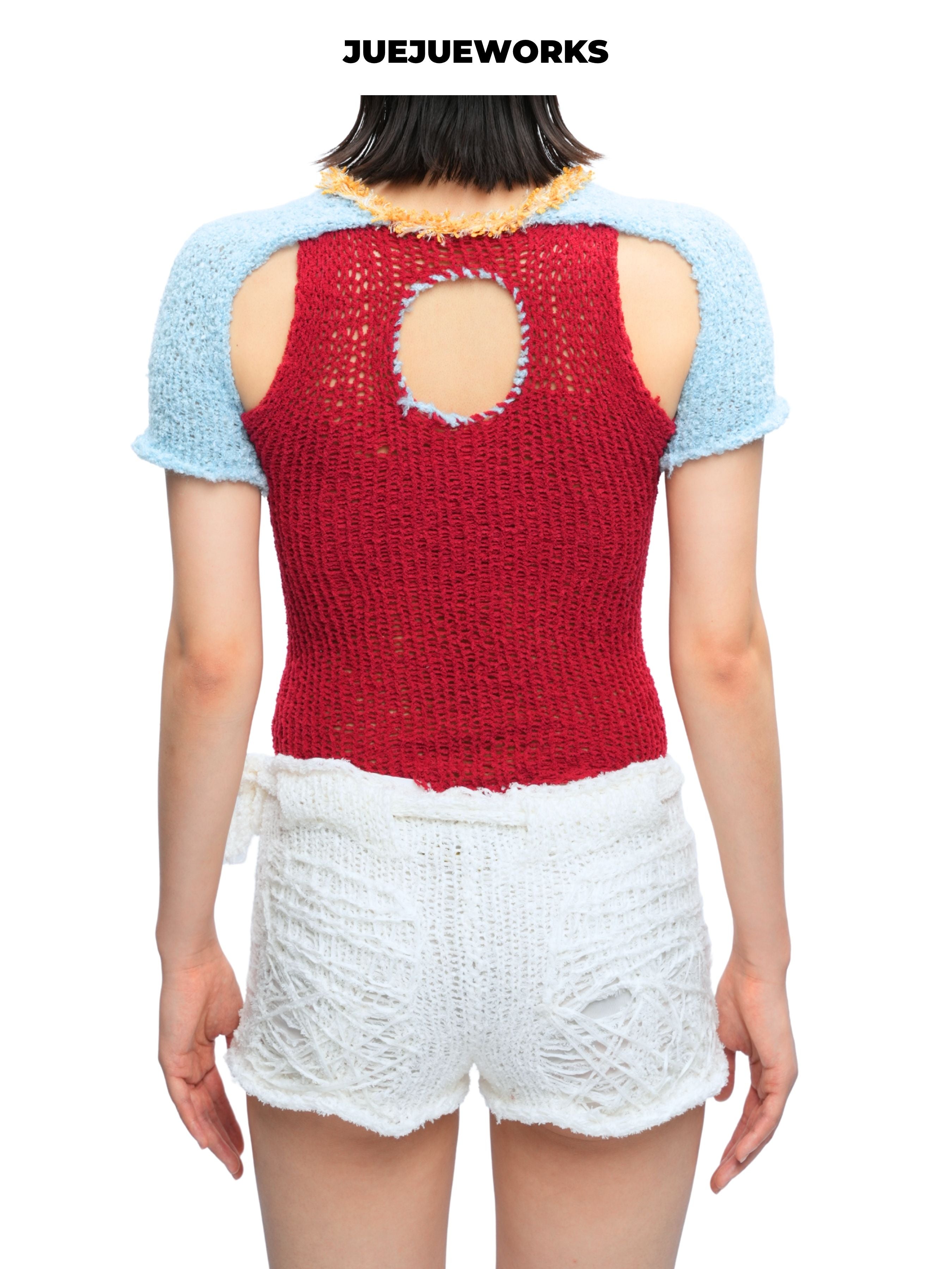 JUEJUEWORKS Christmas Color Block Tie Front Short Sleeve Knit Top, Autumn Winter High Stretch Handmade Yarn Knit