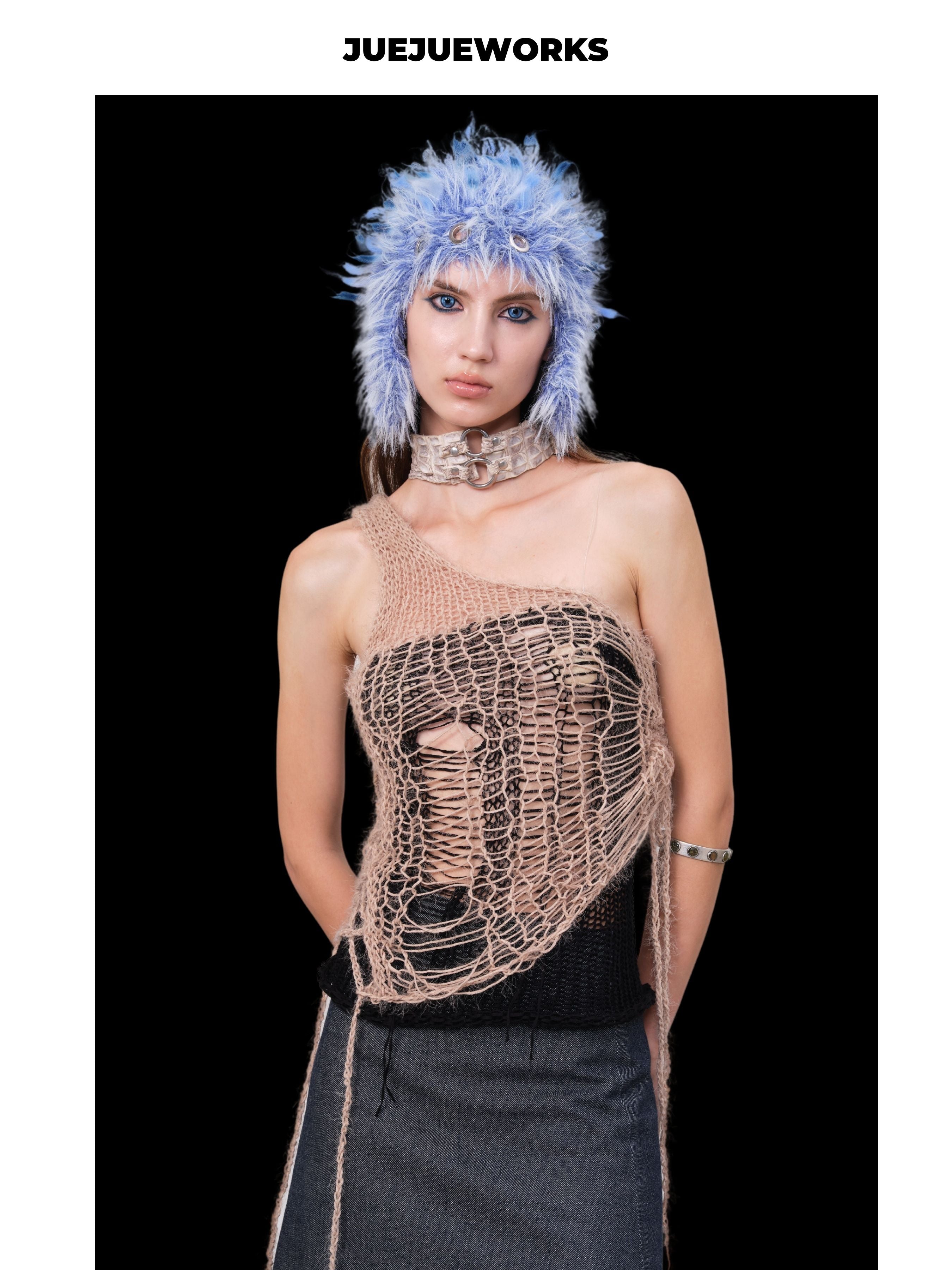 JUEJUEWORKS Blue Fluffy Earflap Hat, Warm Furry Stylish Knit Hat, High-Stretch Handmade Yarn Knit