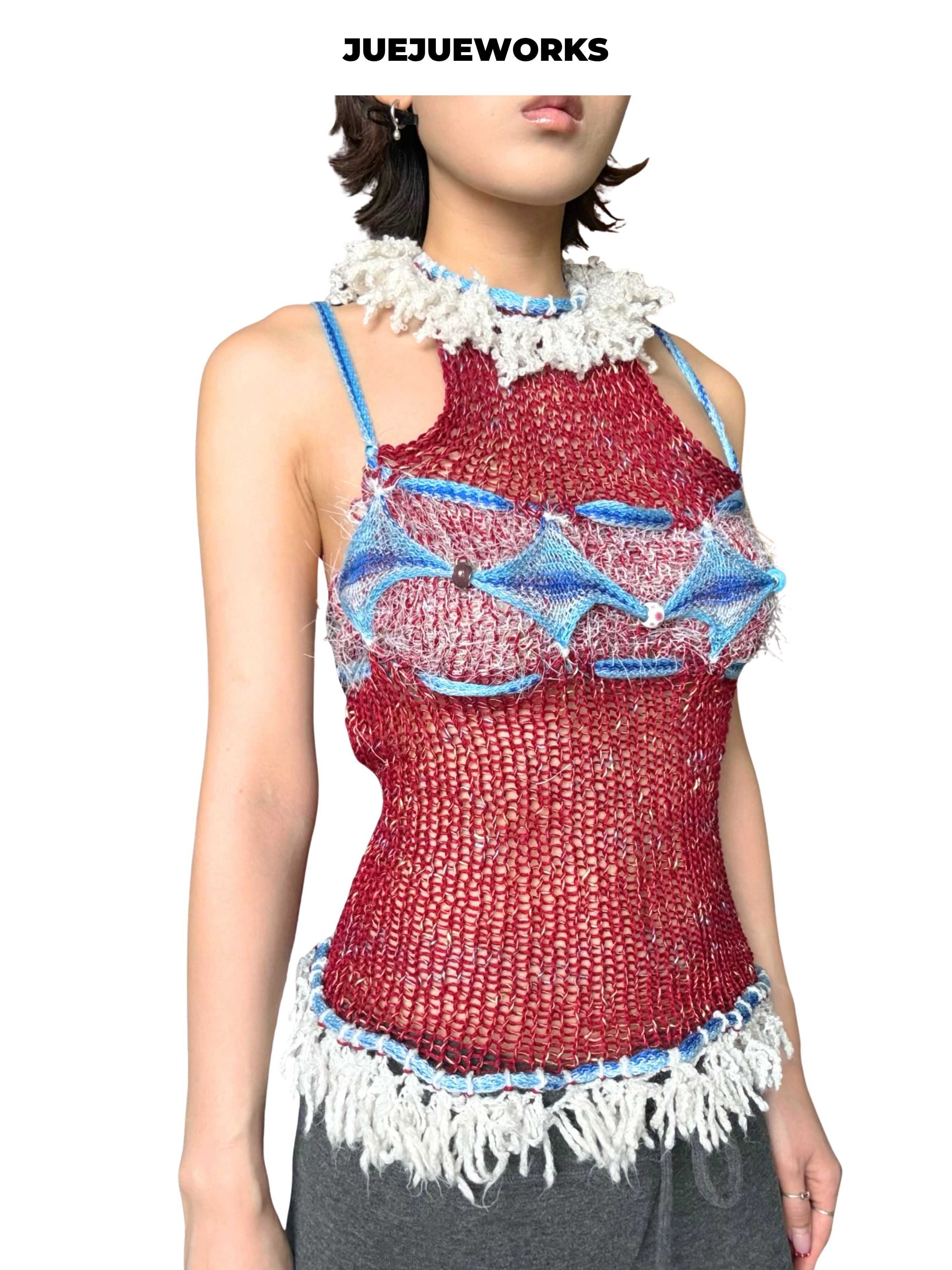 JUEJUEWORKS Red White Sea Salt Knit Halter Top, High Stretch Adjustable Handmade Yarn Knit Cami