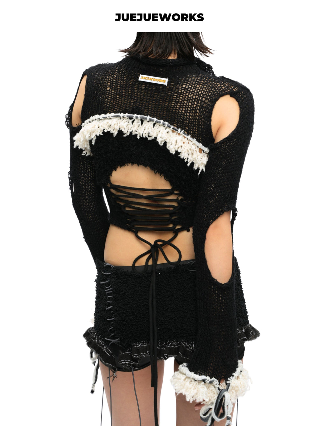 JUEJUEWORKS Black Asymmetric Long Sleeve Top, Original High-Stretch Handmade Yarn Knit Jacket