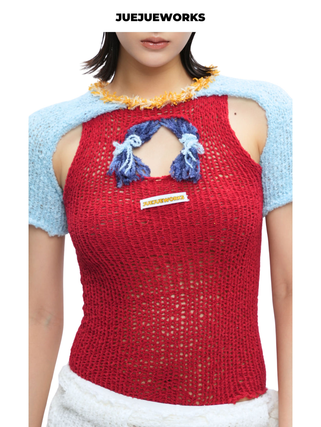 JUEJUEWORKS Christmas Color Block Tie Front Short Sleeve Knit Top, Autumn Winter High Stretch Handmade Yarn Knit