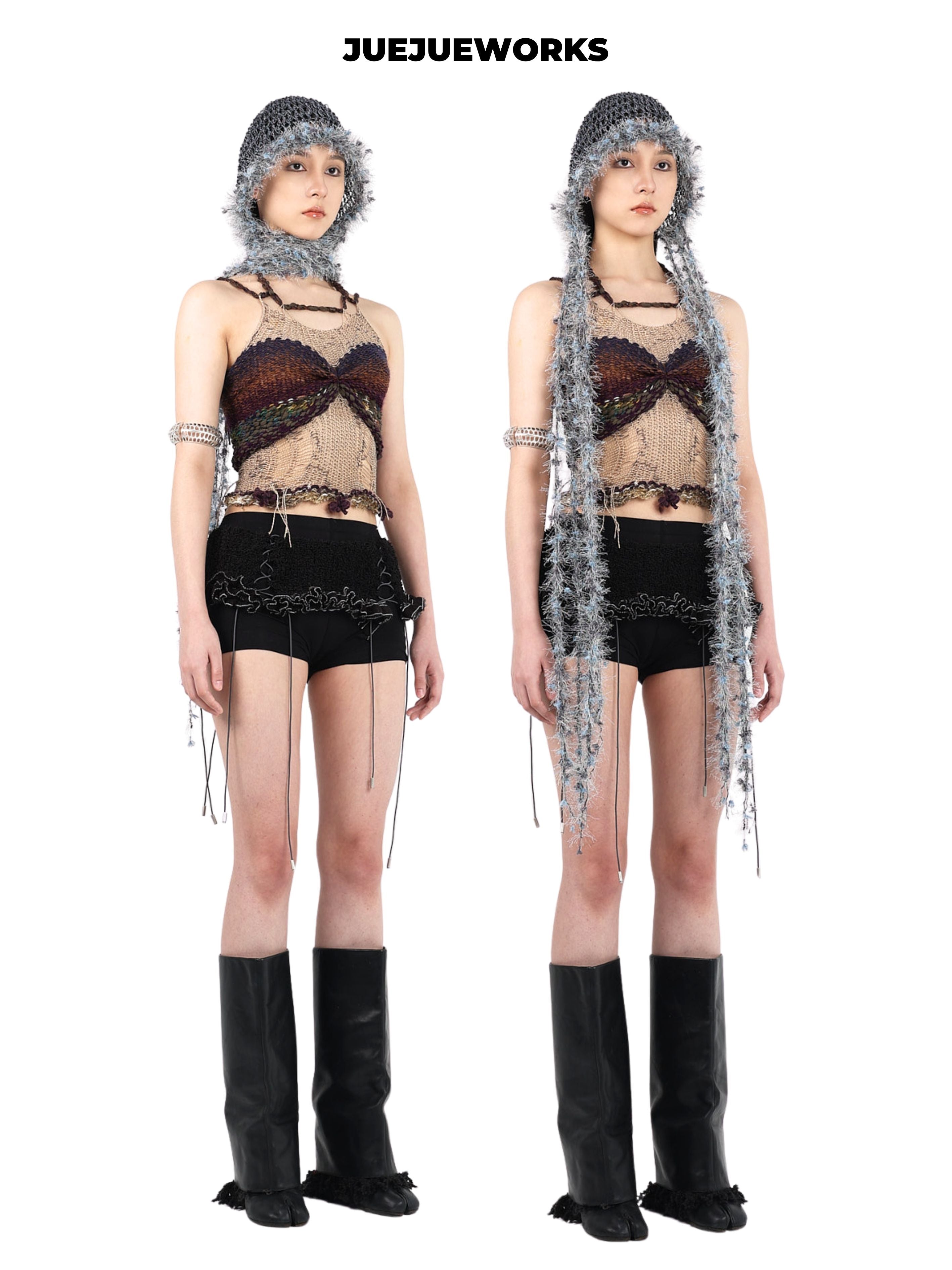 JUEJUEWORKS Frayed Mesh Knit Hood Hat, Original Handmade Distressed Net Beanie for Spring Summer