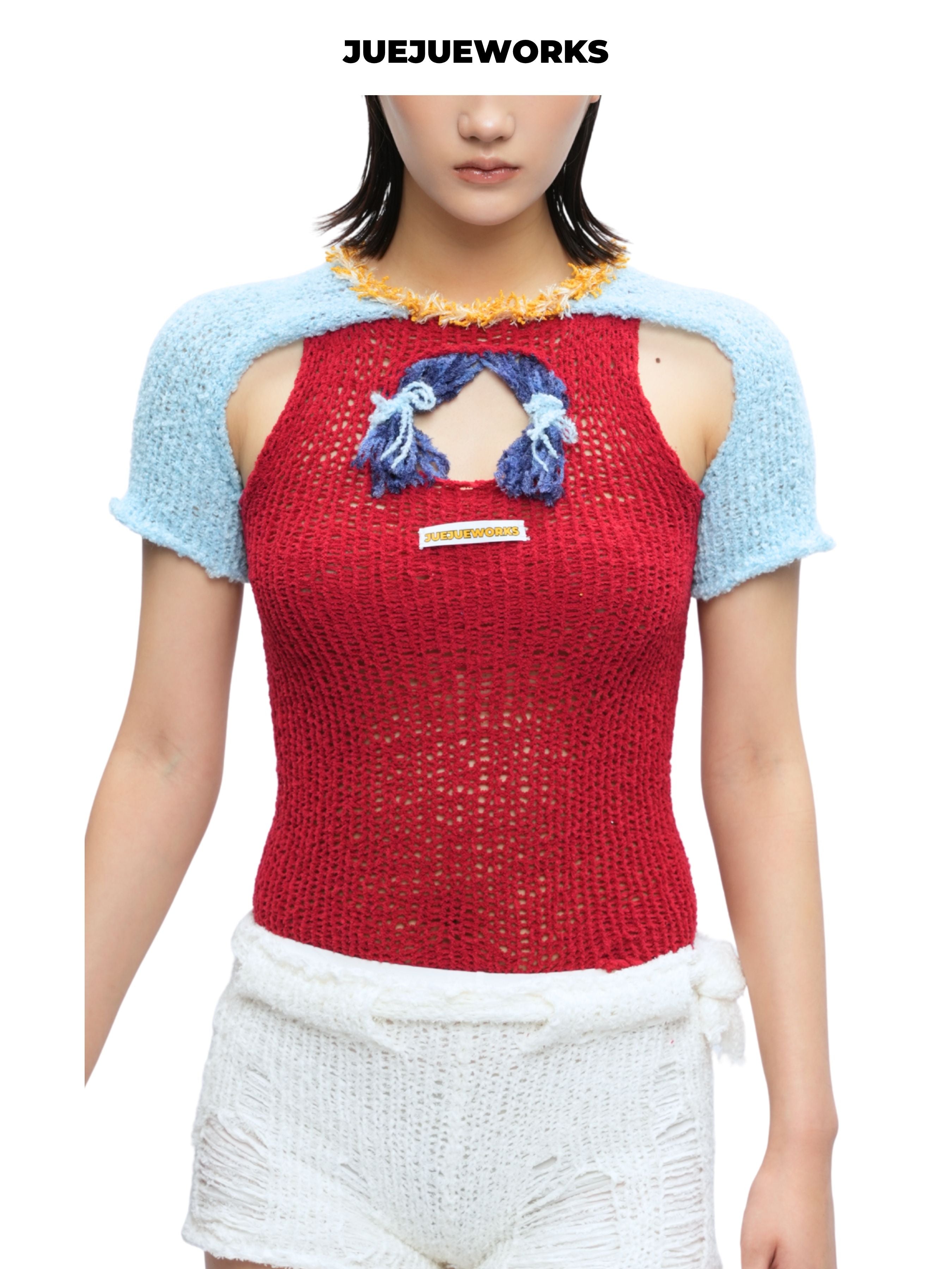 JUEJUEWORKS Christmas Color Block Tie Front Short Sleeve Knit Top, Autumn Winter High Stretch Handmade Yarn Knit