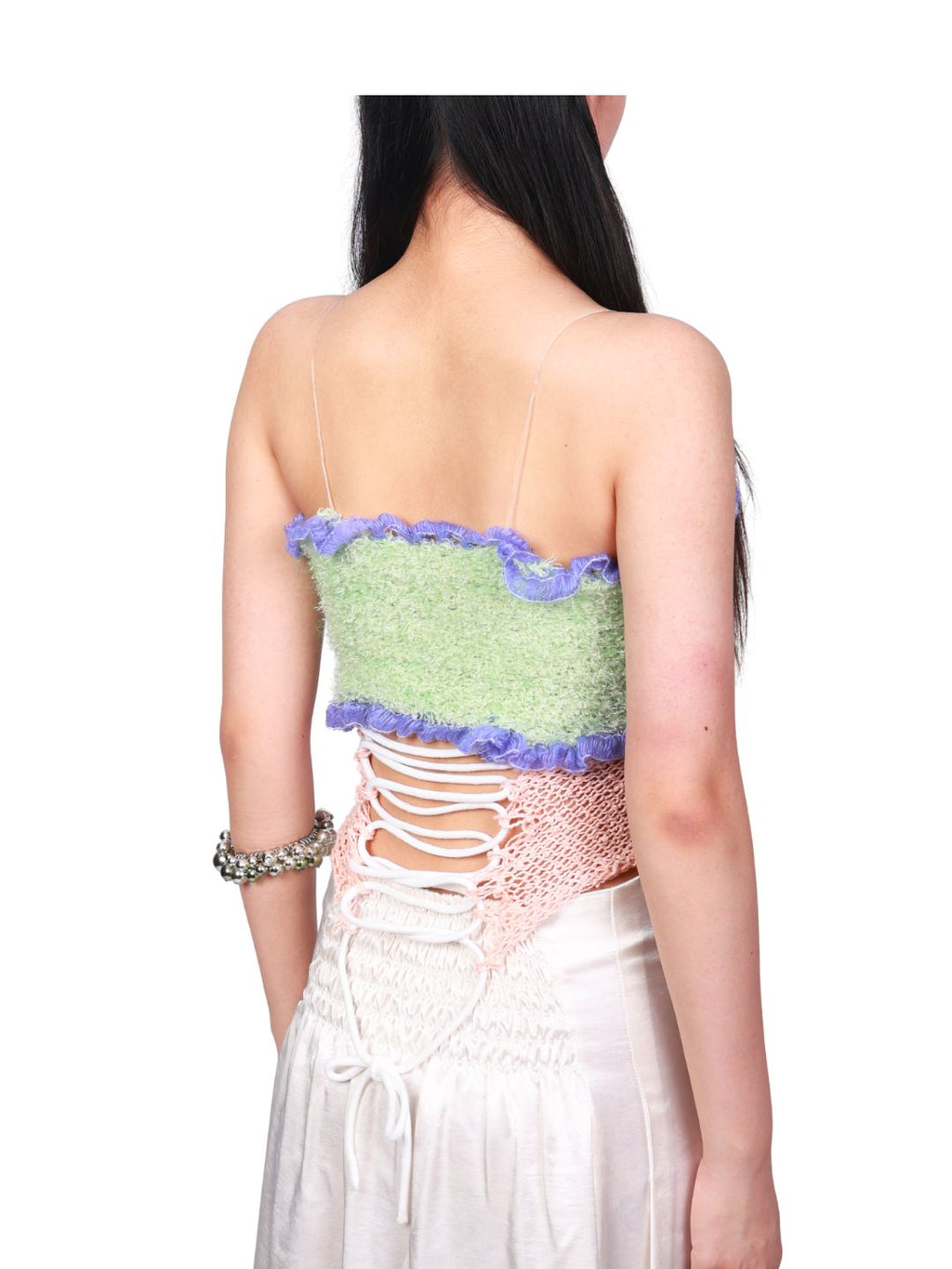 JUEJUEWORKS Little Green Plaid Tank Top, Original Lace Spliced Camisole, High Stretch, Hand-Knitted Knitwear