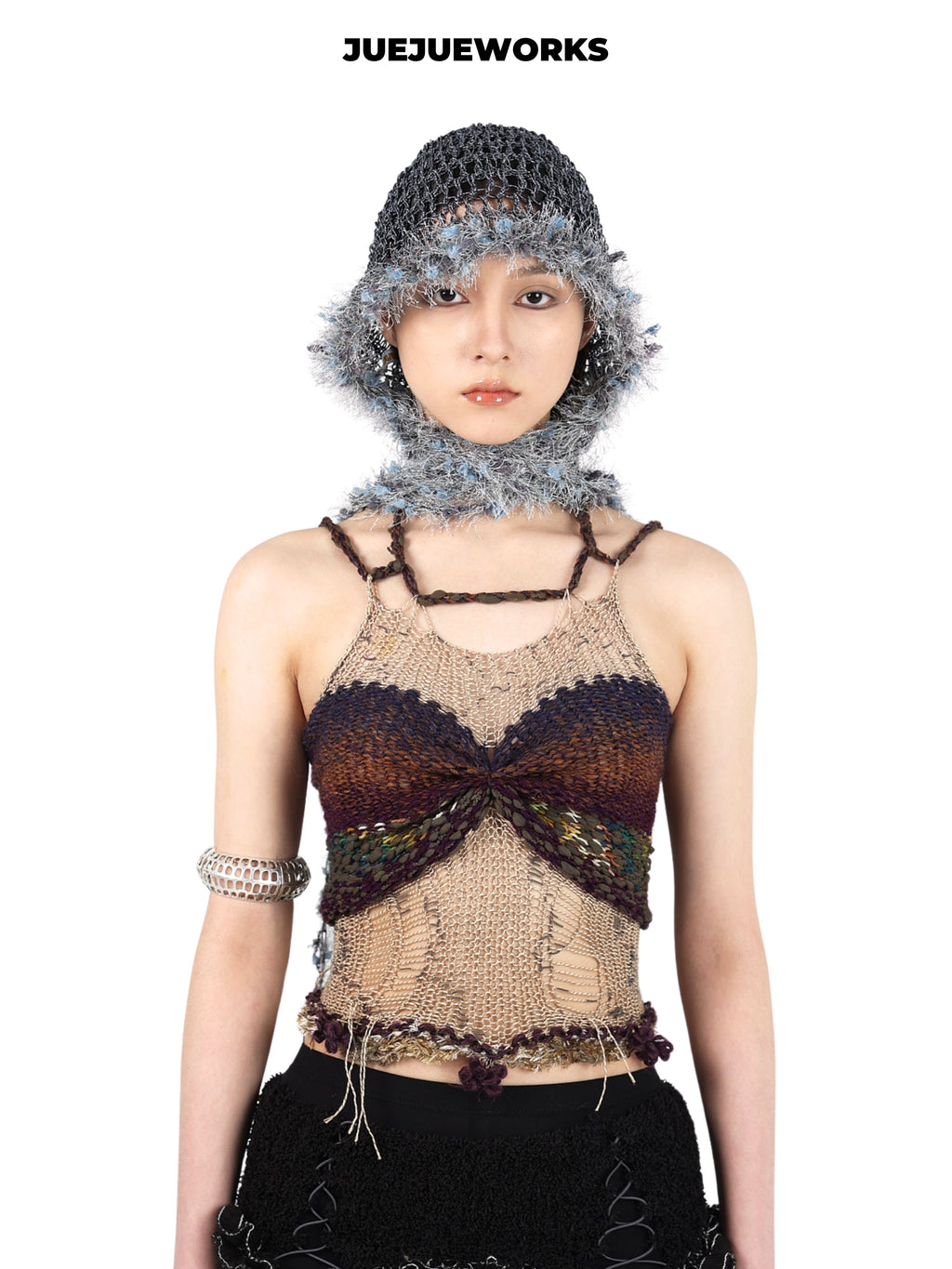 JUEJUEWORKS Frayed Mesh Knit Hood Hat, Original Handmade Distressed Net Beanie for Spring Summer