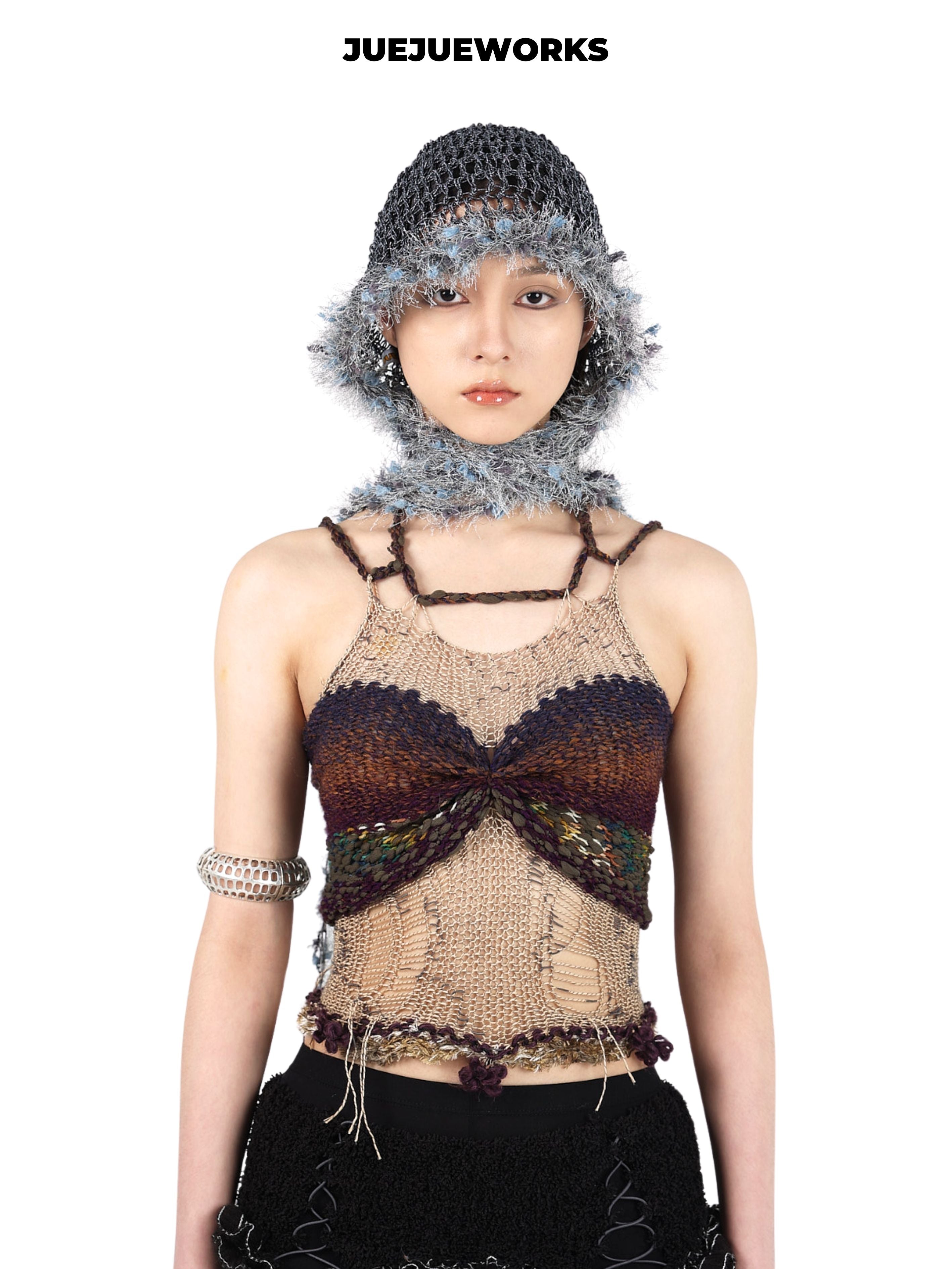 JUEJUEWORKS Frayed Mesh Knit Hood Hat, Original Handmade Distressed Net Beanie for Spring Summer