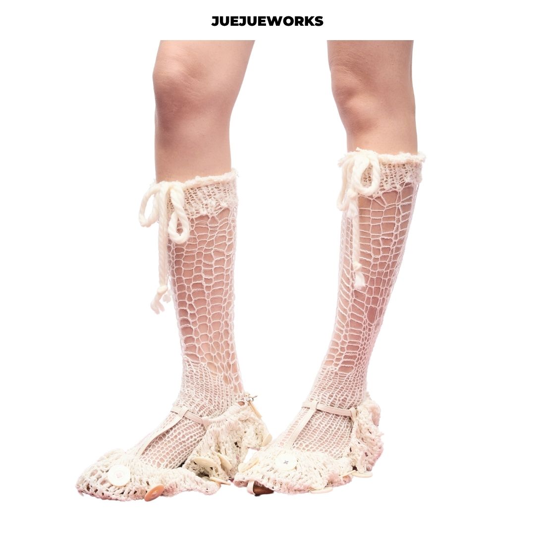 JUEJUEWORKS Hand-Knit Lace-Up Open-Knit Slouchy Socks Avant-Garde Knee-High Leg Warmers