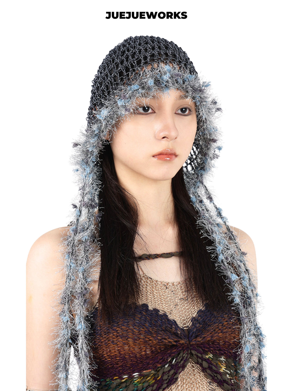 JUEJUEWORKS Frayed Mesh Knit Hood Hat, Original Handmade Distressed Net Beanie for Spring Summer