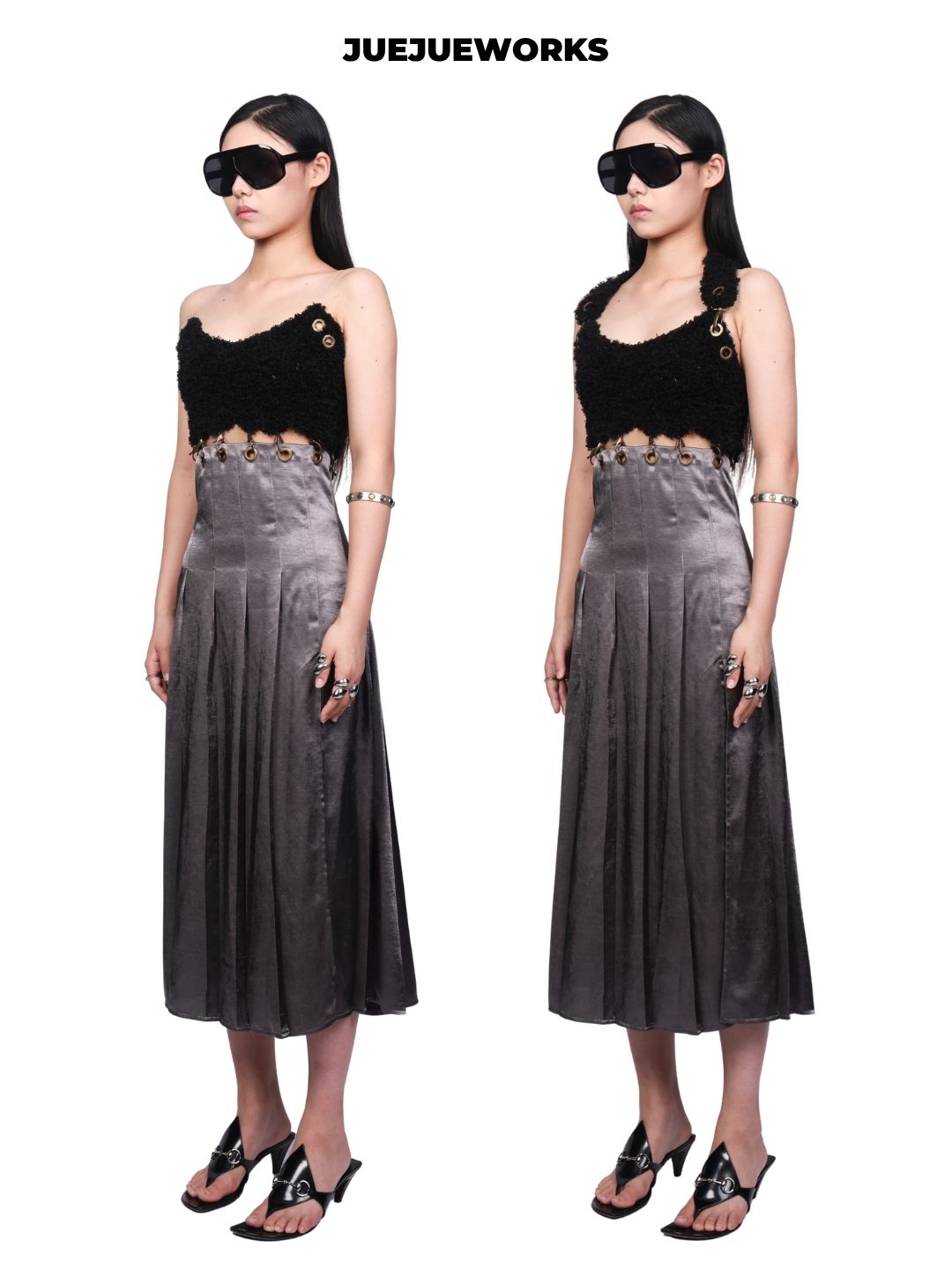 JUEJUEWORKS Black Acetate Dress, Original Design, High Stretch Hand-Knit, Detachable 2-in-1 Wear