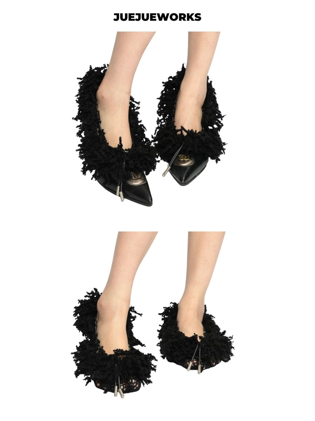 JUEJUEWORKS Hand-Knit Tassel Fringe Half-Socks with Metal Drawstring