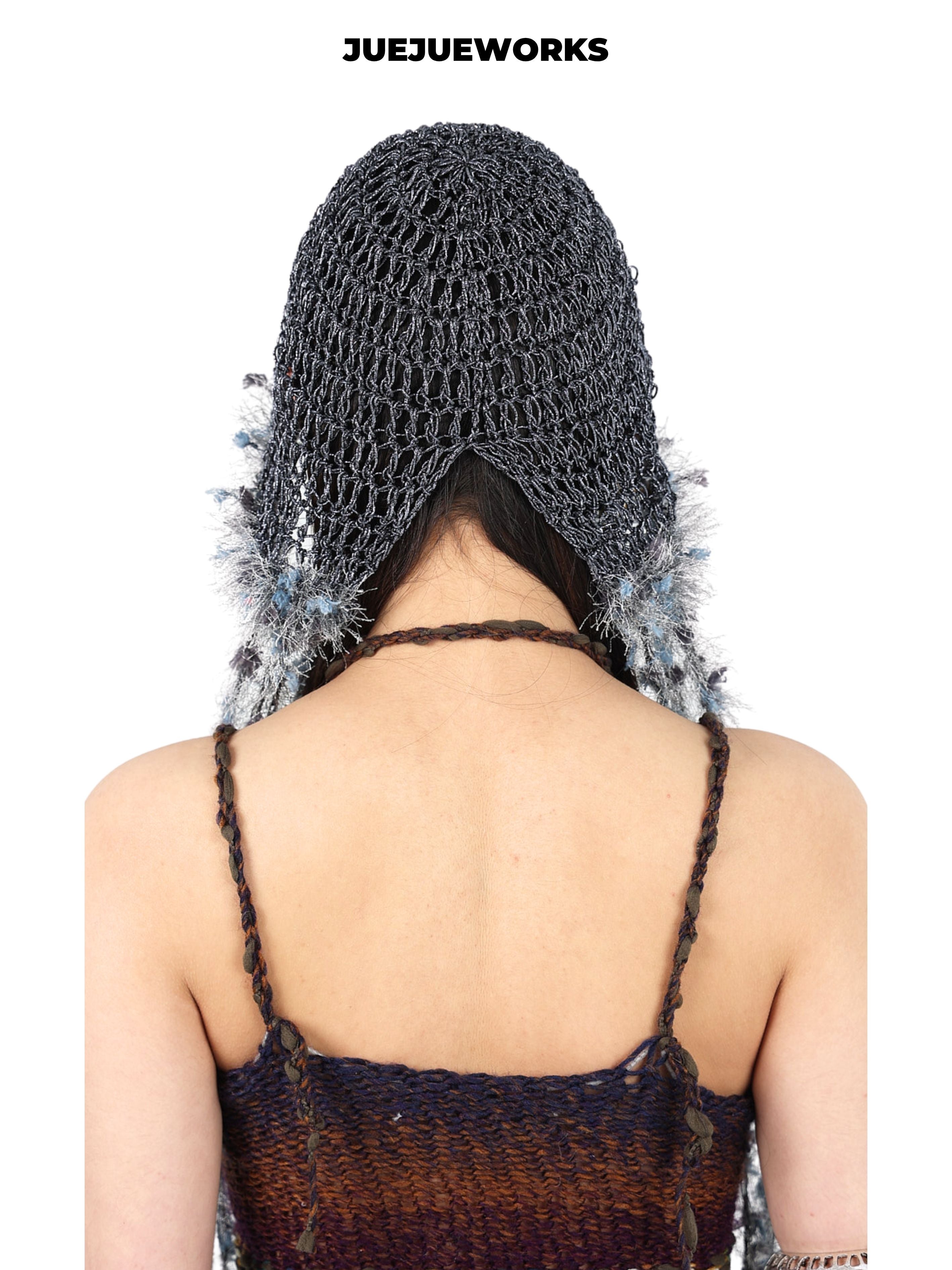 JUEJUEWORKS Frayed Mesh Knit Hood Hat, Original Handmade Distressed Net Beanie for Spring Summer