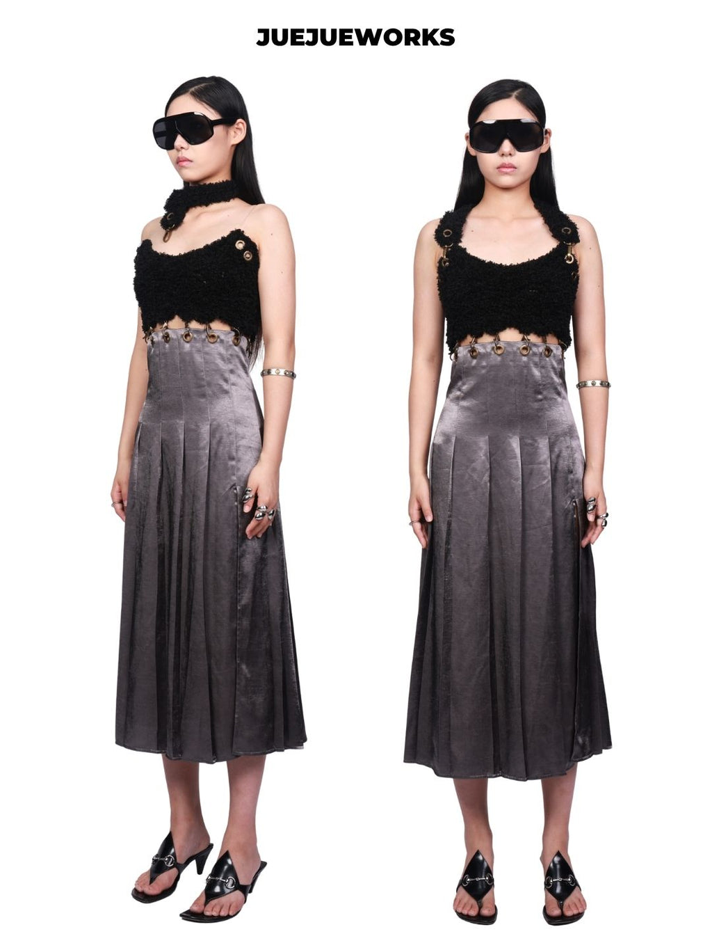 JUEJUEWORKS Black Acetate Dress, Original Design, High Stretch Hand-Knit, Detachable 2-in-1 Wear